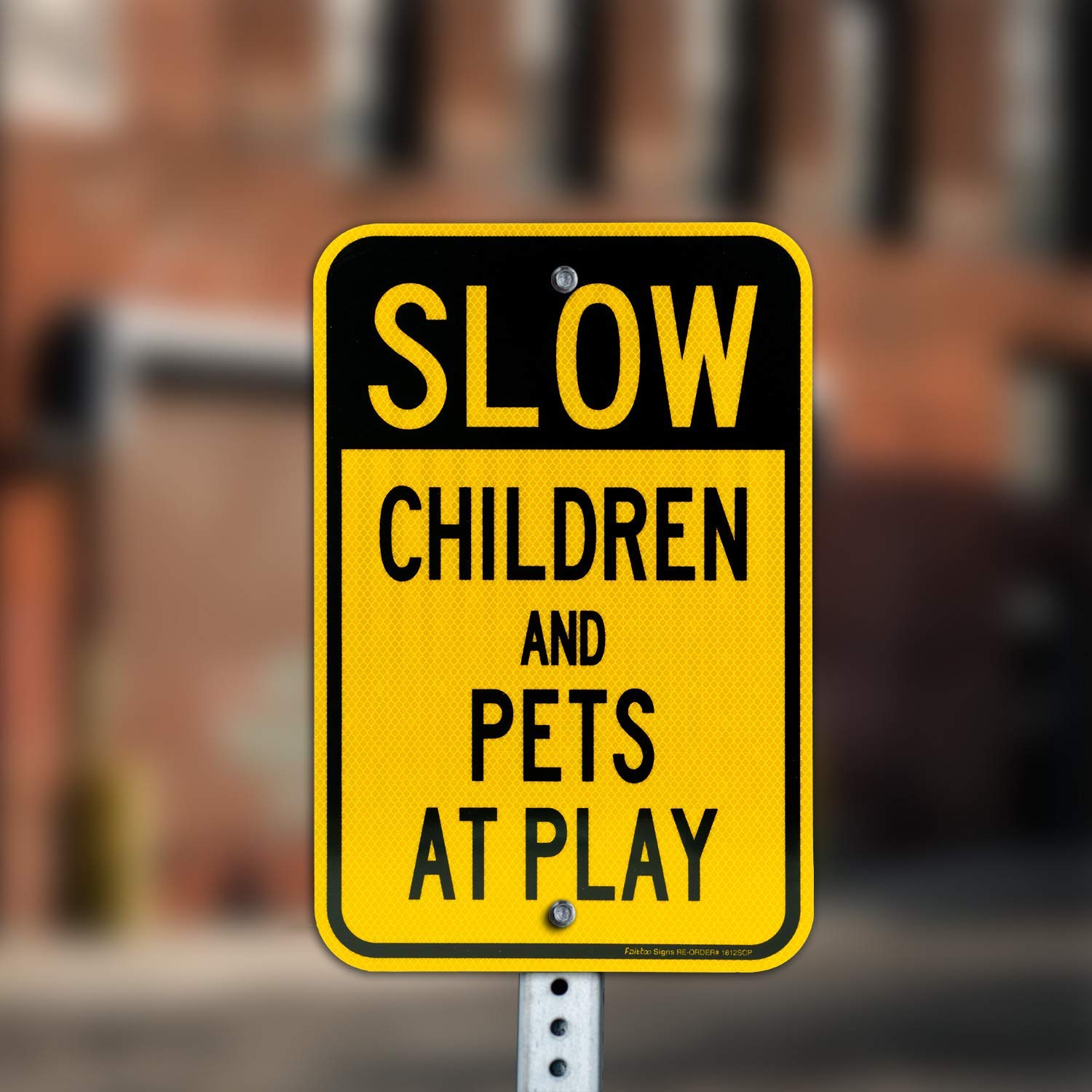 Slow down sign, Children and Pets at Play Sign, 18 x 12 Inches Engineer Grade Reflective Sheeting, Rust Free Aluminum, Weather Resistant, Waterproof, Durable Ink, Easy to Mount