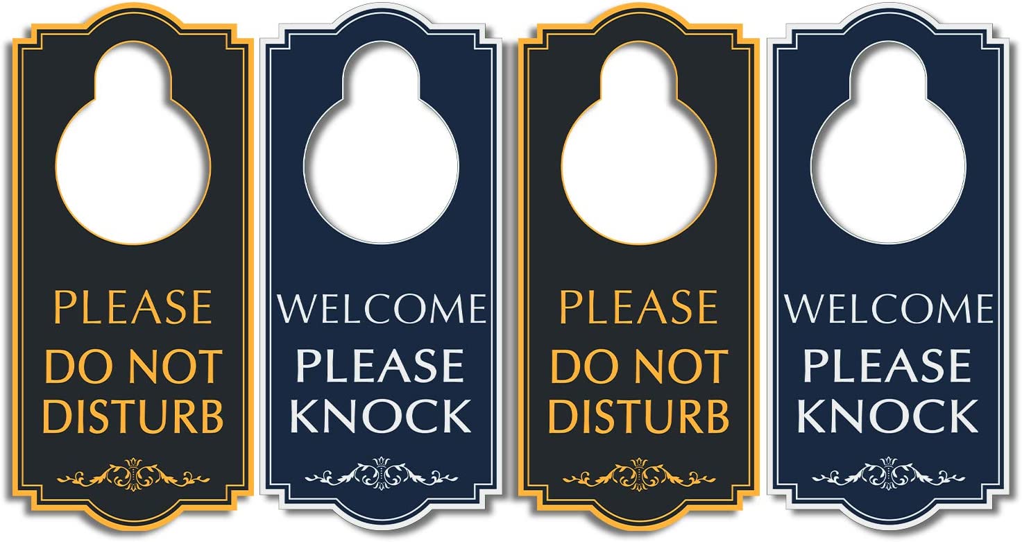 Do Not Disturb Door Hanger - Welcome Please Knock Door Sign, Black/Blue Double Sided, 4 x 9 inches PVC Plastic Perfect for Home, Clinic, Dorm, Hotel, Office, Spa, Law Firm, Massage