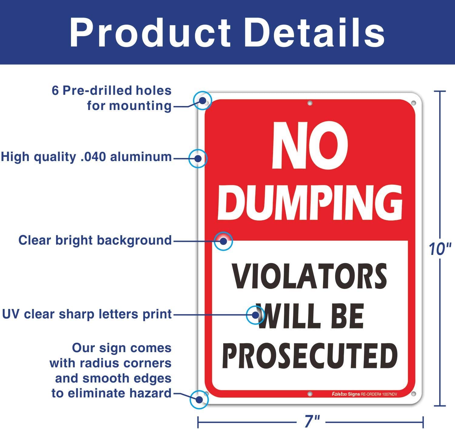 (2 Pack) No Dumping Sign, Violators Will Be Prosecuted Sign, 10" x 7" Rust Free .40 Aluminum, UV Protected, Weather Resistant, Waterproof, Durable Ink，Easy to Mount