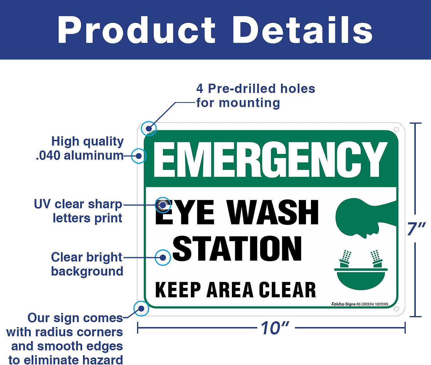 (2 Pack) Emergency Sign, Eye Wash Station Sign, Keep Area Clear Sign, 10 x 7 Inches .40 Rust Free Aluminum, UV Protected, Weather Resistant, Waterproof, Durable Ink，Easy to Mount