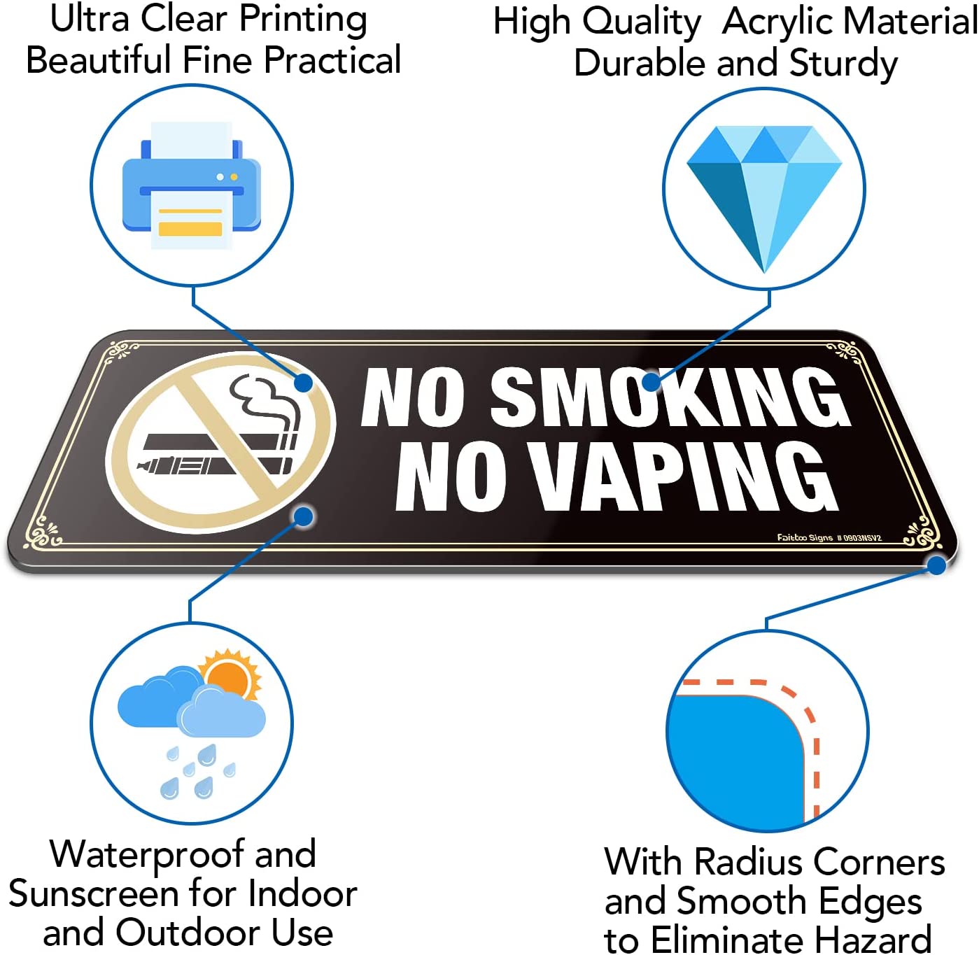 No Smoking No Vaping Sign, (4 Pack) 9 X 3 Inch, Self-Adhesive, Use for