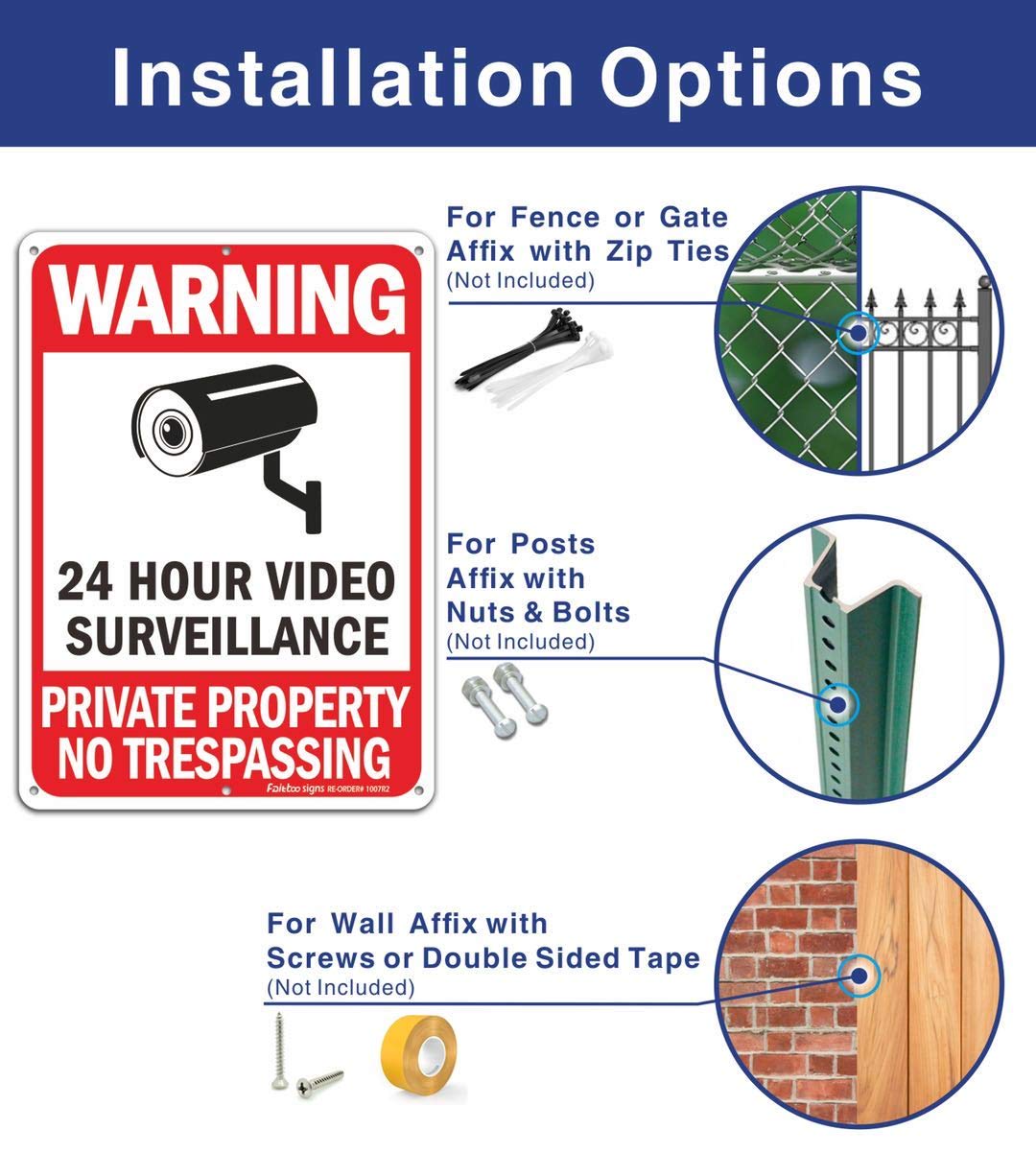 No Trespassing Signs, Private Property Sign, Warning Sign, Video Surveillance Sign, 2 Pack 10 x 7 Inches 0.40 Reflective Aluminum, UV Protected, Weather Resistant, Durable Ink, Easy to Mount