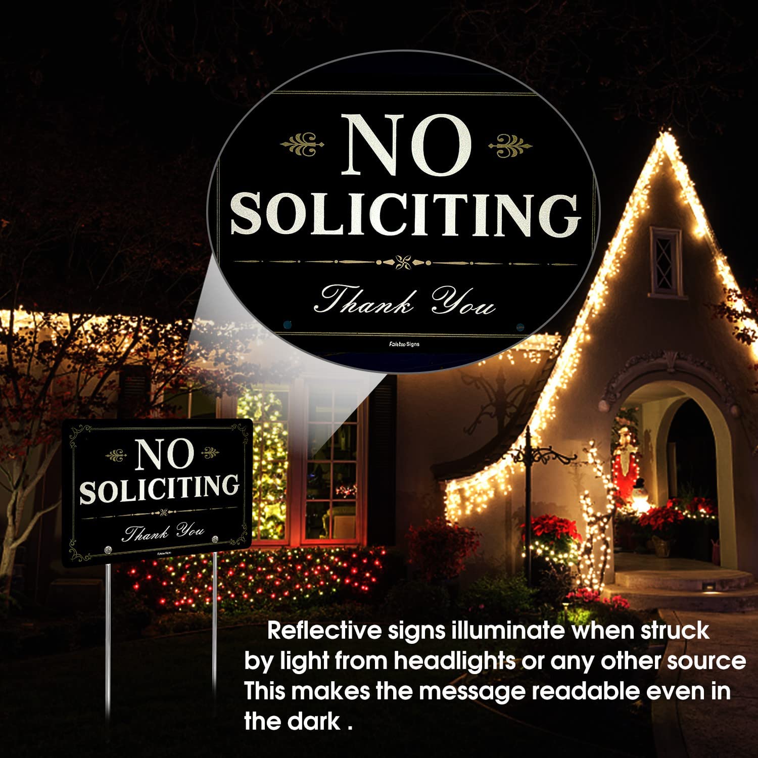 Faittoo No Soliciting Sign for House Yard with Metal Stakes, 12 x 8 Heavy Duty Aluminum, Reflective, Fade Resistant,Weatherproof, UV Protected, Easy to Assemble, Up to 7 Years Outdoor Use