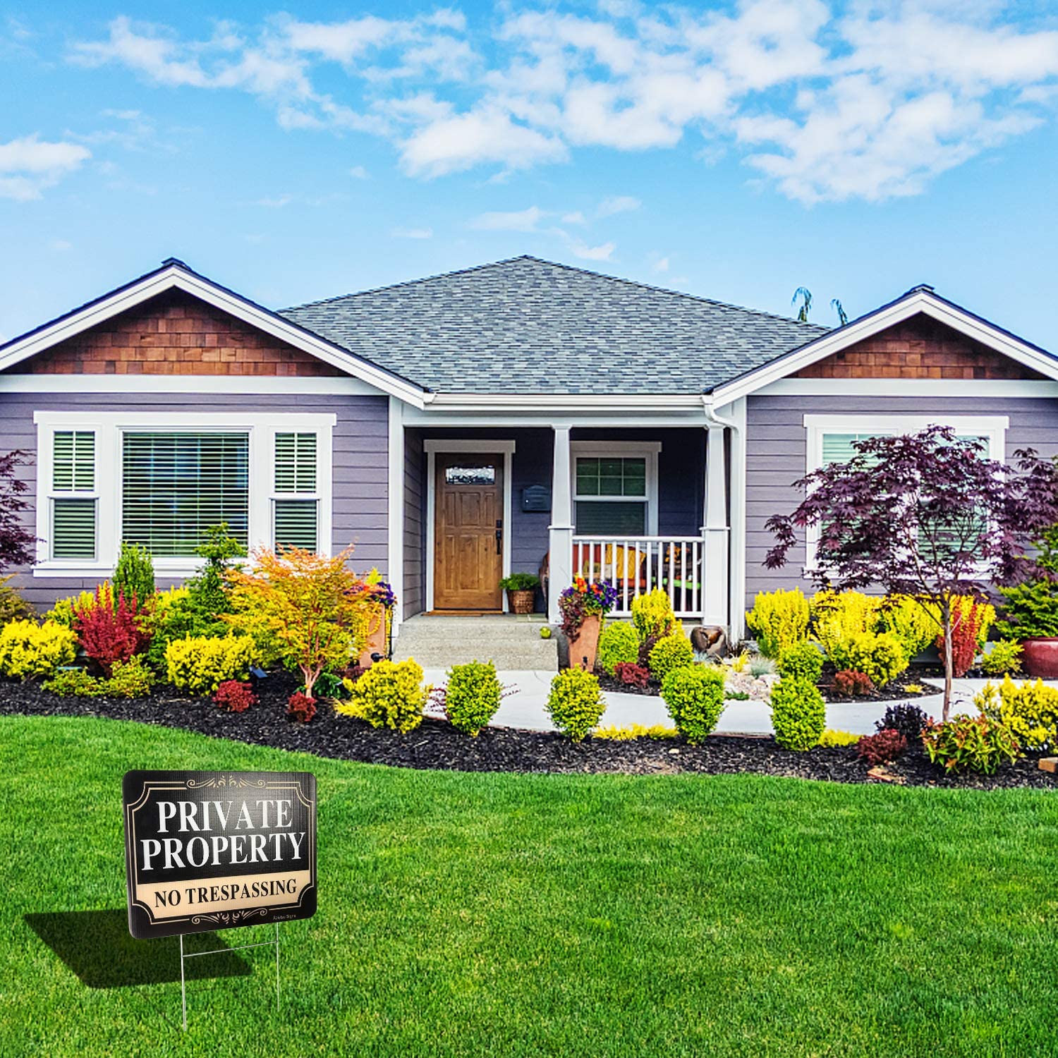 Faittoo No Trespassing Signs Private Property, 12 x 9 Inch,Double Sided with Metal Wire H-Stake Stands Corrugated Plastic,Waterproof, Weather Resistant,Easy to Mount, Non-Fading