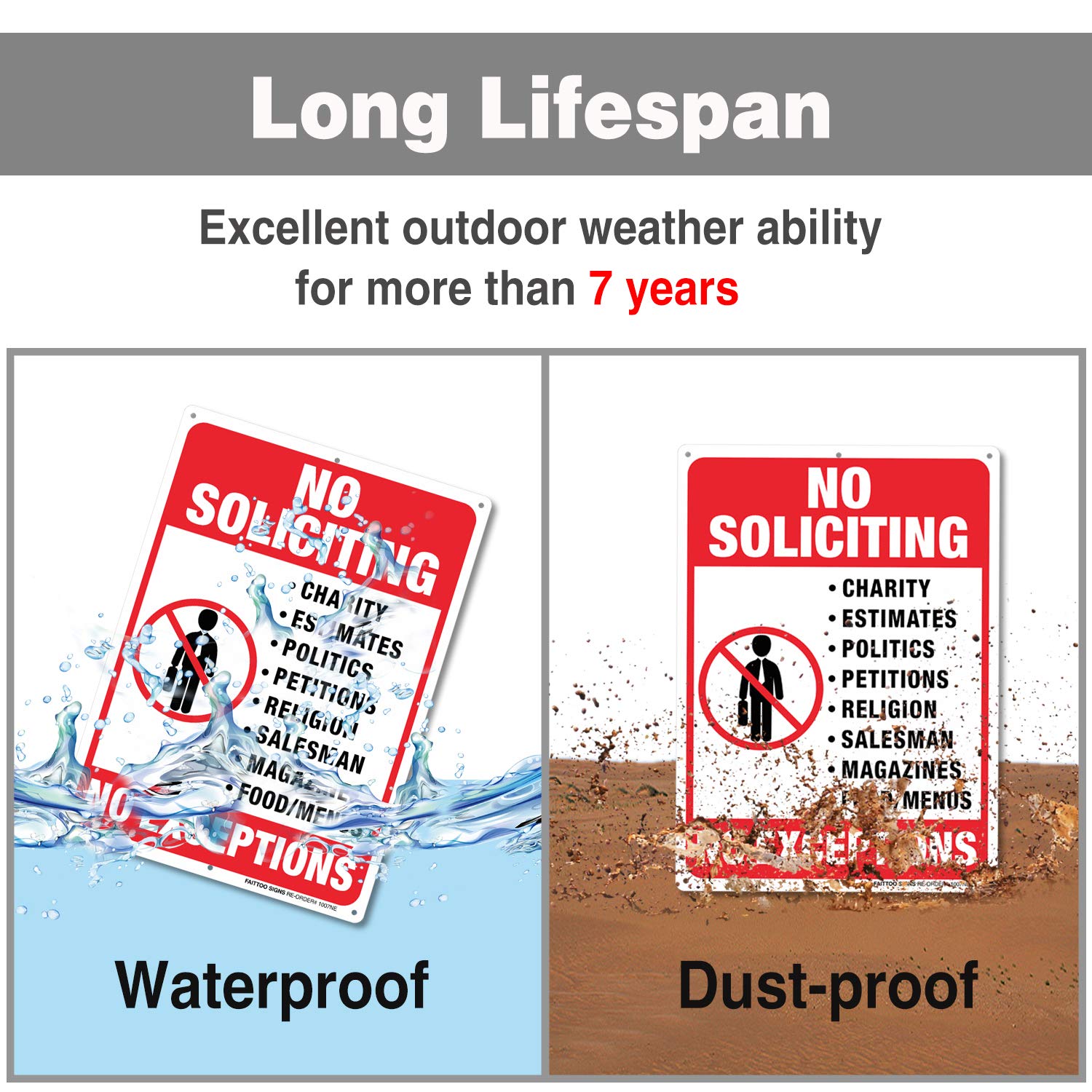No Soliciting Sign for House, No Exception Metal Reflective Warning Sign 2 Pack, Sturdy 10 X 7 Rust Free .040 Aluminum Sign Indoor &amp; Outdoor Use for Business, UV Protected &amp; Waterproof, Easy to Mount