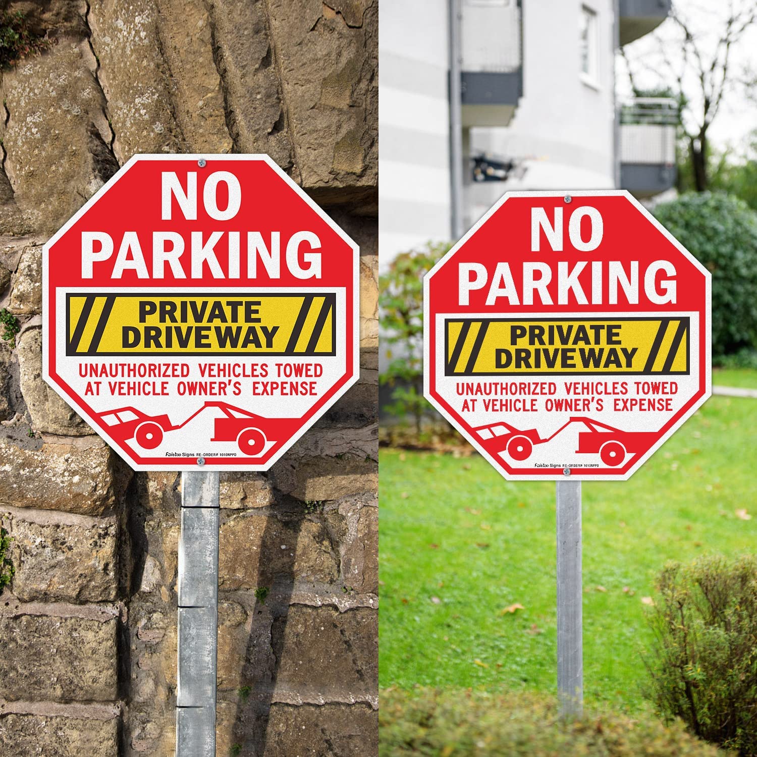 No Parking Private Driveway Sign, 2-Pack 10 x 10 Inch Unauthorized Vehicles Towed at Vehicle Owner's Expense Aluminum Sign, Reflective, Weatherproof, Non-Fading, Easy to Install, Indoor/Outdoors Use