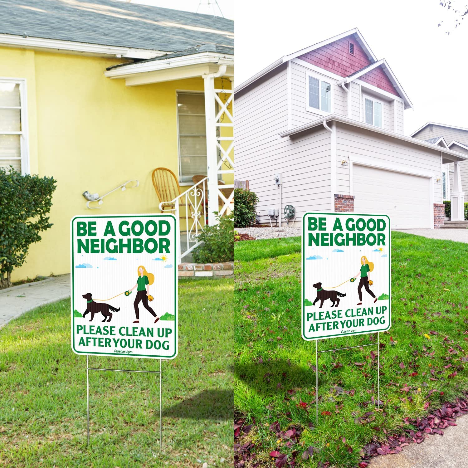 Be a Good Neighbor Clean Up After Your Dog 12 x 9 Inches Yard Sign with Metal Wire H-Stakes, Double Sided, No Pooping Dog Lawn Signs, Waterproof, Weather Resistant, Easy to Mount