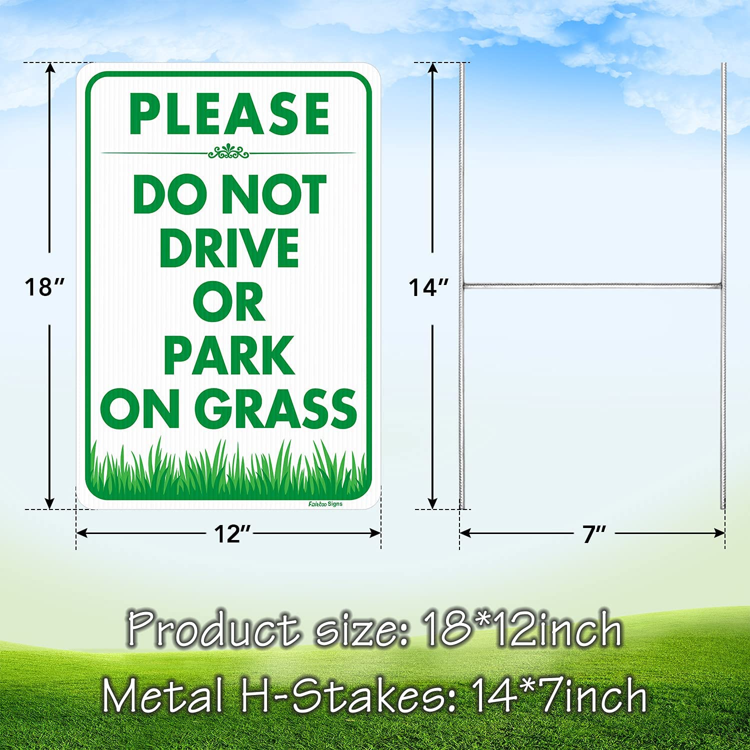 Faittoo "Please Do Not Drive Or Park On Grass" Sign with Stake,18 x 12 Inch Double-Sided Corrugated Plastic Yard Lawn Sign, Easy to Assemble, Waterproof, Weather Resistant, Non-Fading