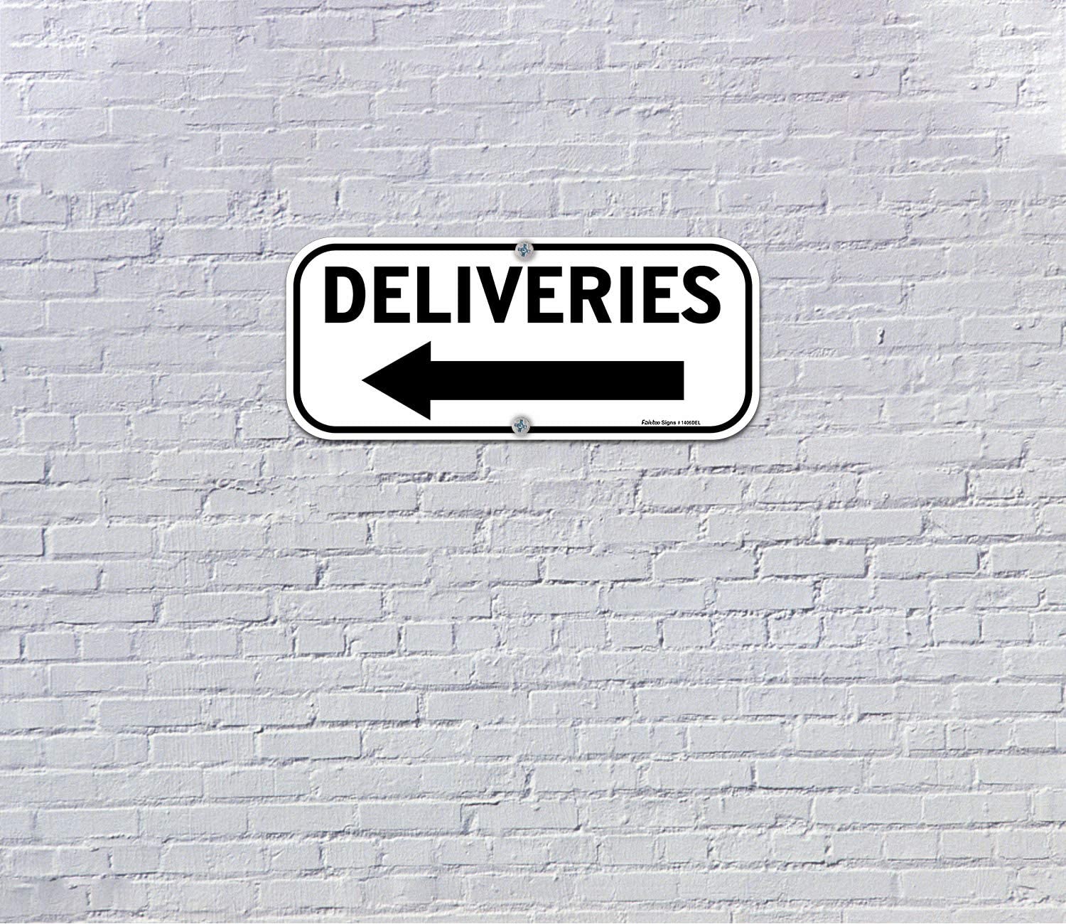 Deliveries Sign with Arrow,  Rectangle Rust Free Aluminum Metal Sign,Weather/Fade Resistant,Easy to Mount,Black on White,Indoor/Outdoor Use (Left)