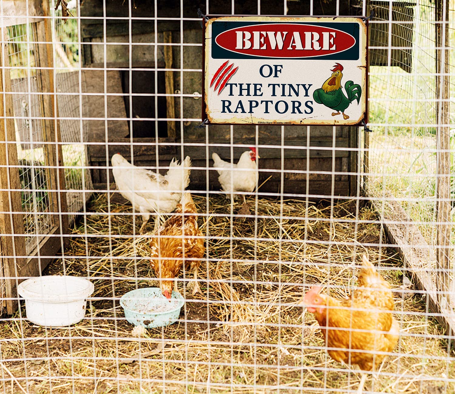 Beware of The Tiny Raptors Sign, Caution Tiny Raptors Sign, Chicken Sign, Chicken Coop Signs, 8 x 12 Inch Rust Free Aluminum Metal Chicken Decor, Reflective,Weather/Fade Resistant, Easy to Mount