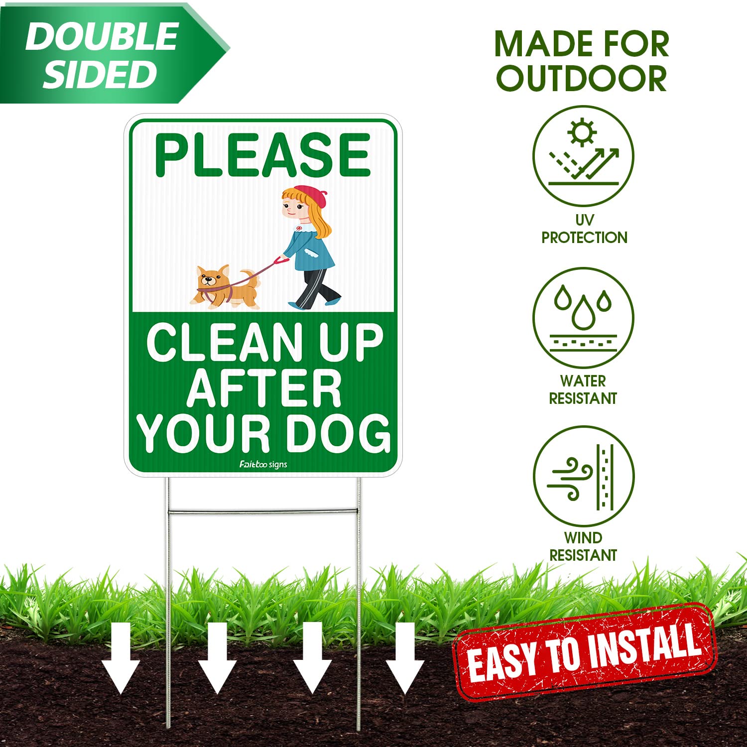 Clean Up After Your Dog Sign, 12 x 9 Clean Up After Your Pets Sign, Double Sided with Metal Wire H-Stakes Stands Corrugated Plastic, Waterproof, Weather Resistant, Easy to Mount, Non-fading