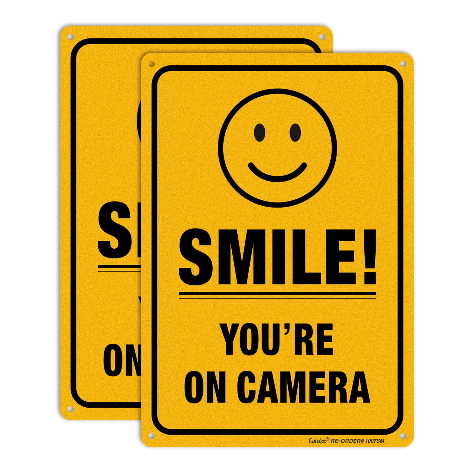 (2 Pack) Smile You're On Camera Video Surveillance Sign - 10 x7 Inches .040 Rust Free Heavy Duty Aluminum - Indoor or Outdoor Use for Home Business CCTV Security Camera,UV Protected & Reflective