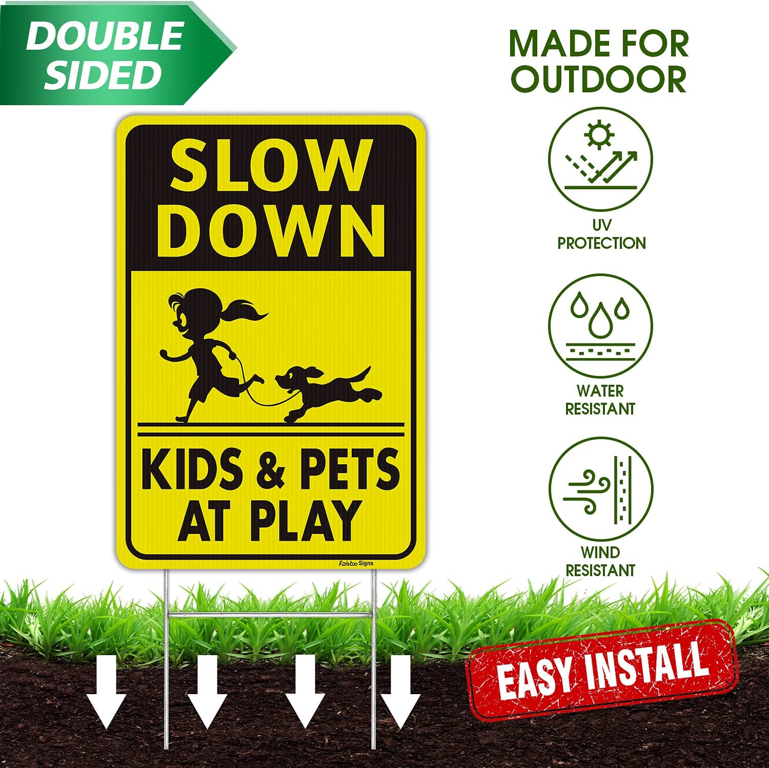 Faittoo Slow Down Signs, Kids and Pets at Play Sign with Stake,18 x 12 Double-Sided Corrugated Plastic Yard Sign, Easy to Assemble, Waterproof, Weather Resistant, Non-Fading,(2 Pack)