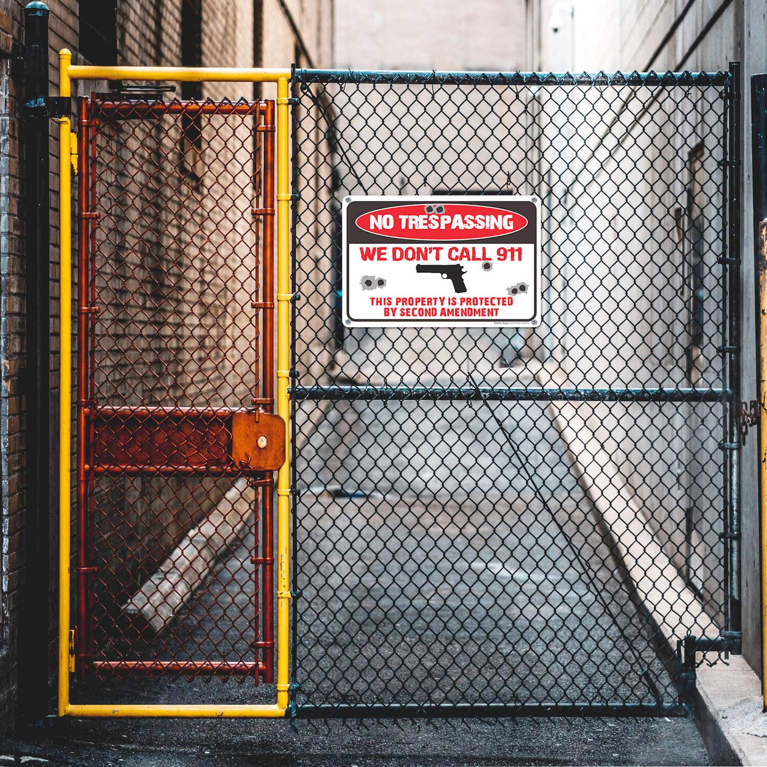 No Trespassing Sign,We Don't Call 911 Sign,This Property is Protected by Second Amendment Sign,12" x 8" Rust Free .40 Aluminum,UV Protected,Weather Resistant, Waterproof, Durable Ink, Easy to Mount