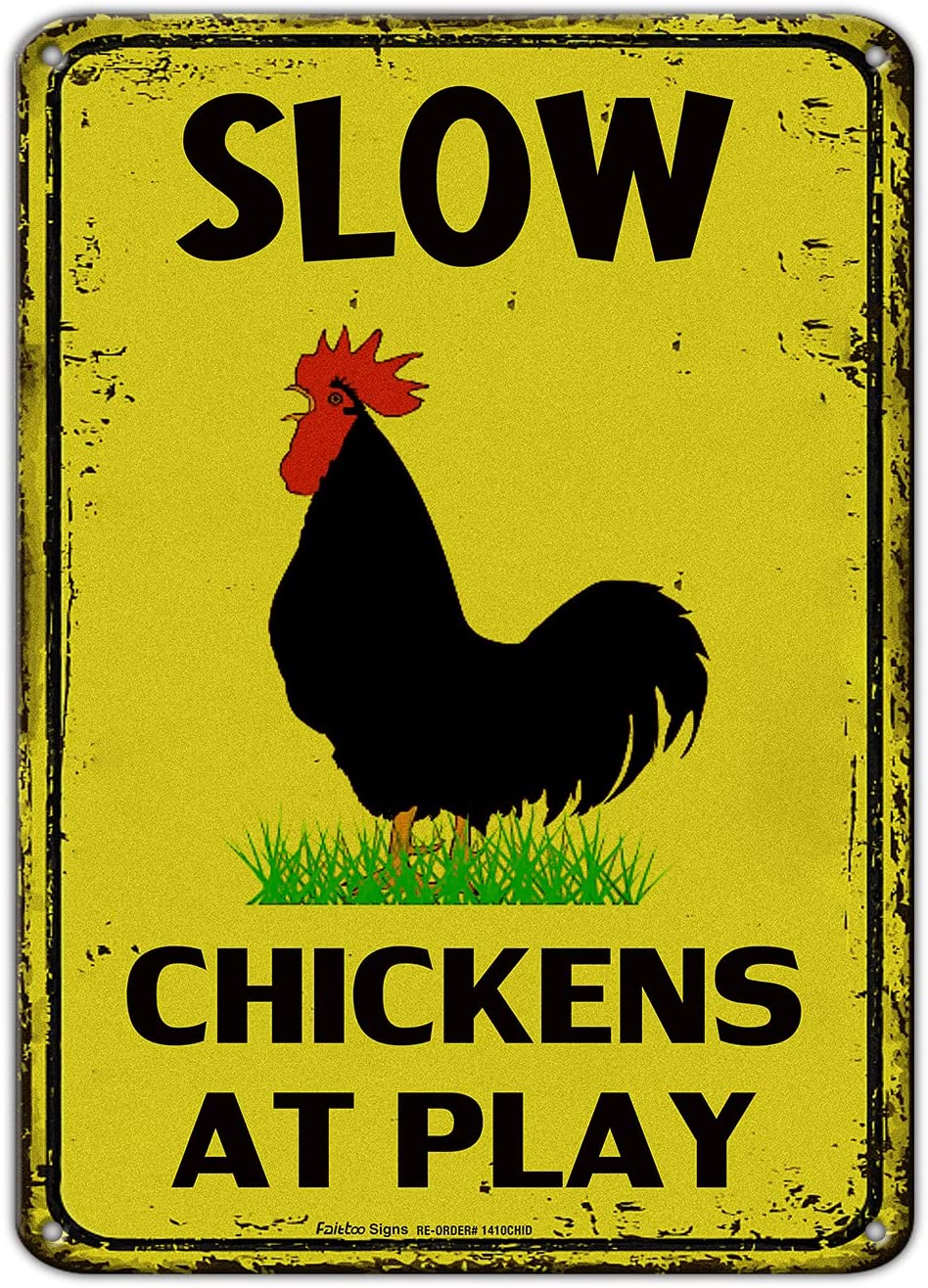 Slow Chickens at Play Caution or Chicken Crossing Sign, 14x10 Inch Rust Free Aluminum Metal Sign,Reflective,Fade Resistant,UV Protected,Weatherproof Up to 7 Years Indoor/Outdoor Use