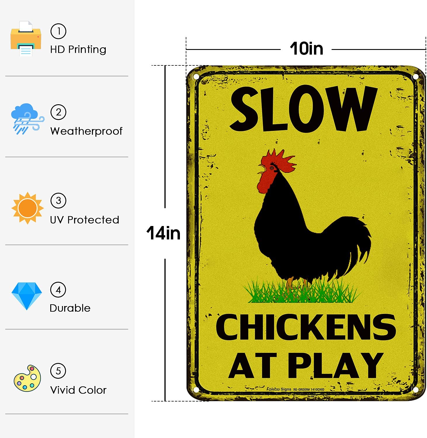 Slow Chickens at Play Caution or Chicken Crossing Sign, 14x10 Inch Rust Free Aluminum Metal Sign,Reflective,Fade Resistant,UV Protected,Weatherproof Up to 7 Years Indoor/Outdoor Use