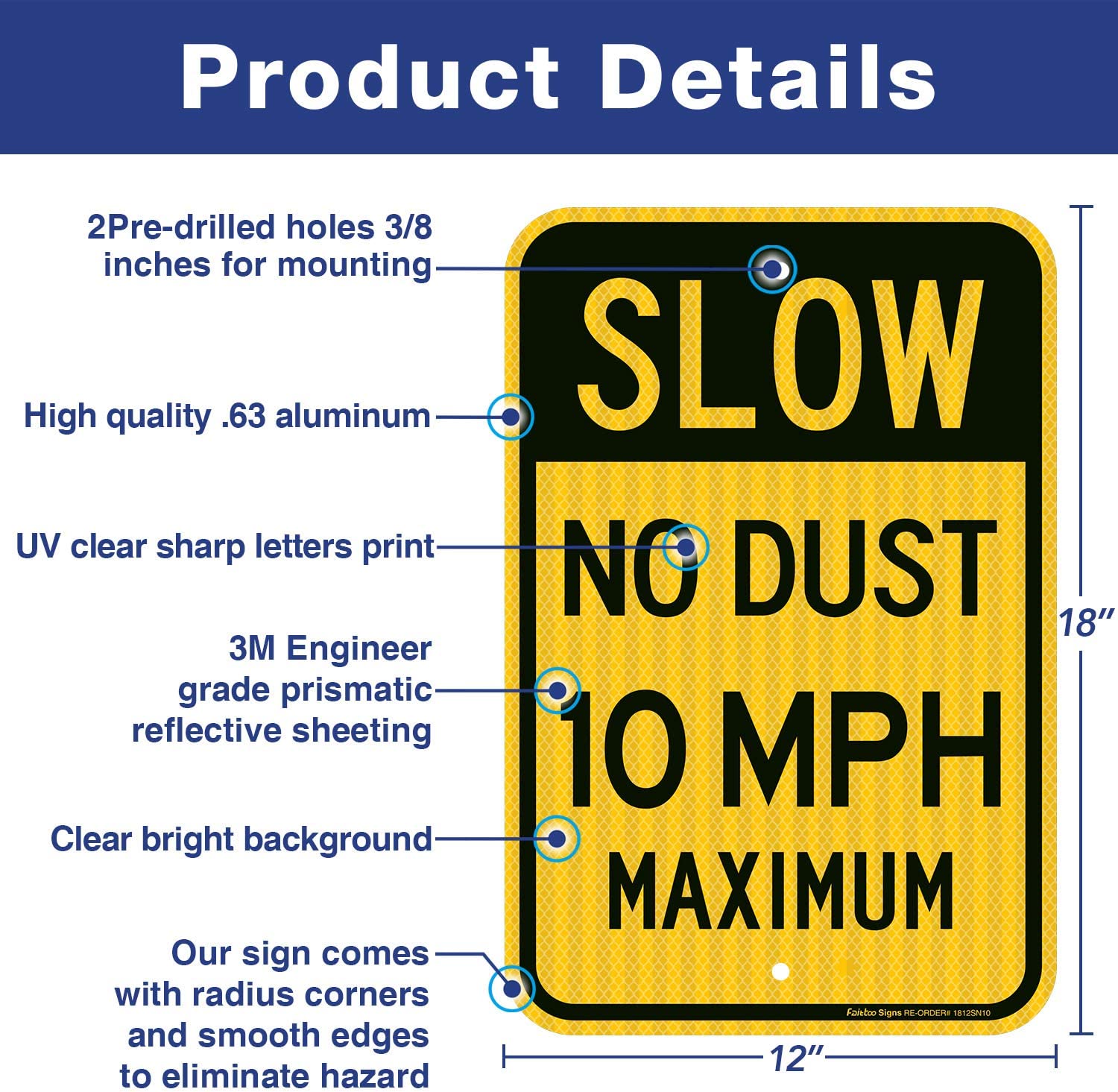 Slow No Dust 10 MPH Maximum Sign, Speed Limit Sign 18 x 12 Inches Engineer Grade Reflective Sheeting Rust Free Aluminum, Weather Resistant, Waterproof, Durable Ink, Easy to Mount