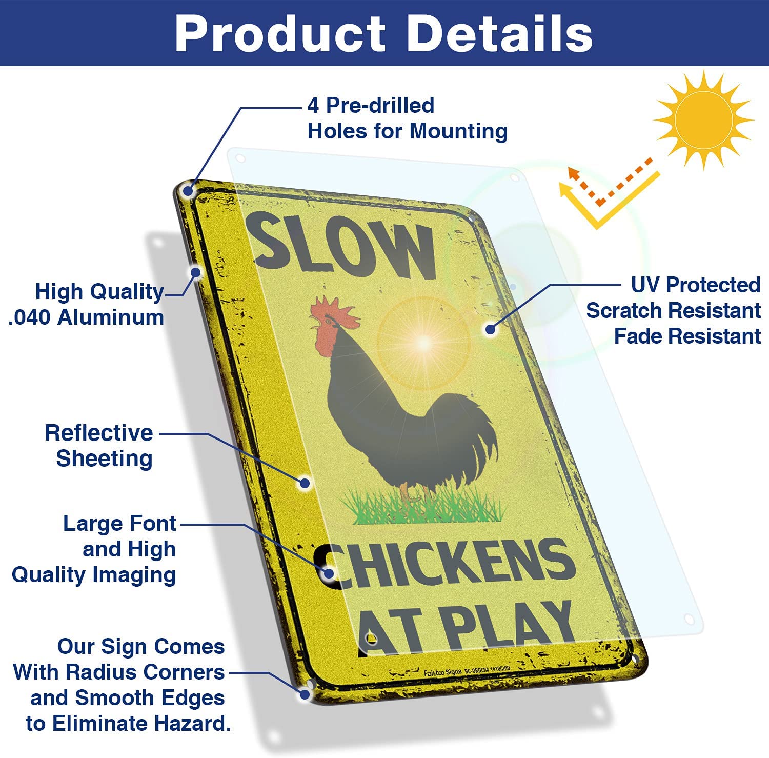 Slow Chickens at Play Caution or Chicken Crossing Sign, 14x10 Inch Rust Free Aluminum Metal Sign,Reflective,Fade Resistant,UV Protected,Weatherproof Up to 7 Years Indoor/Outdoor Use
