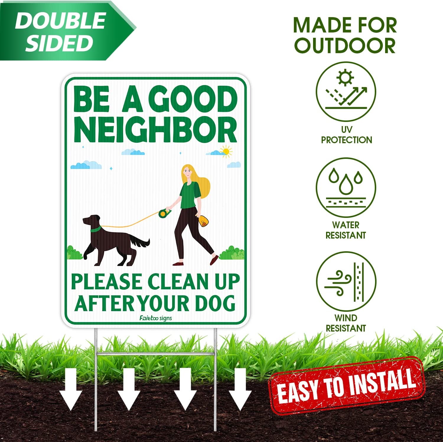Be a Good Neighbor Clean Up After Your Dog 12 x 9 Inches Yard Sign with Metal Wire H-Stakes, Double Sided, No Pooping Dog Lawn Signs, Waterproof, Weather Resistant, Easy to Mount