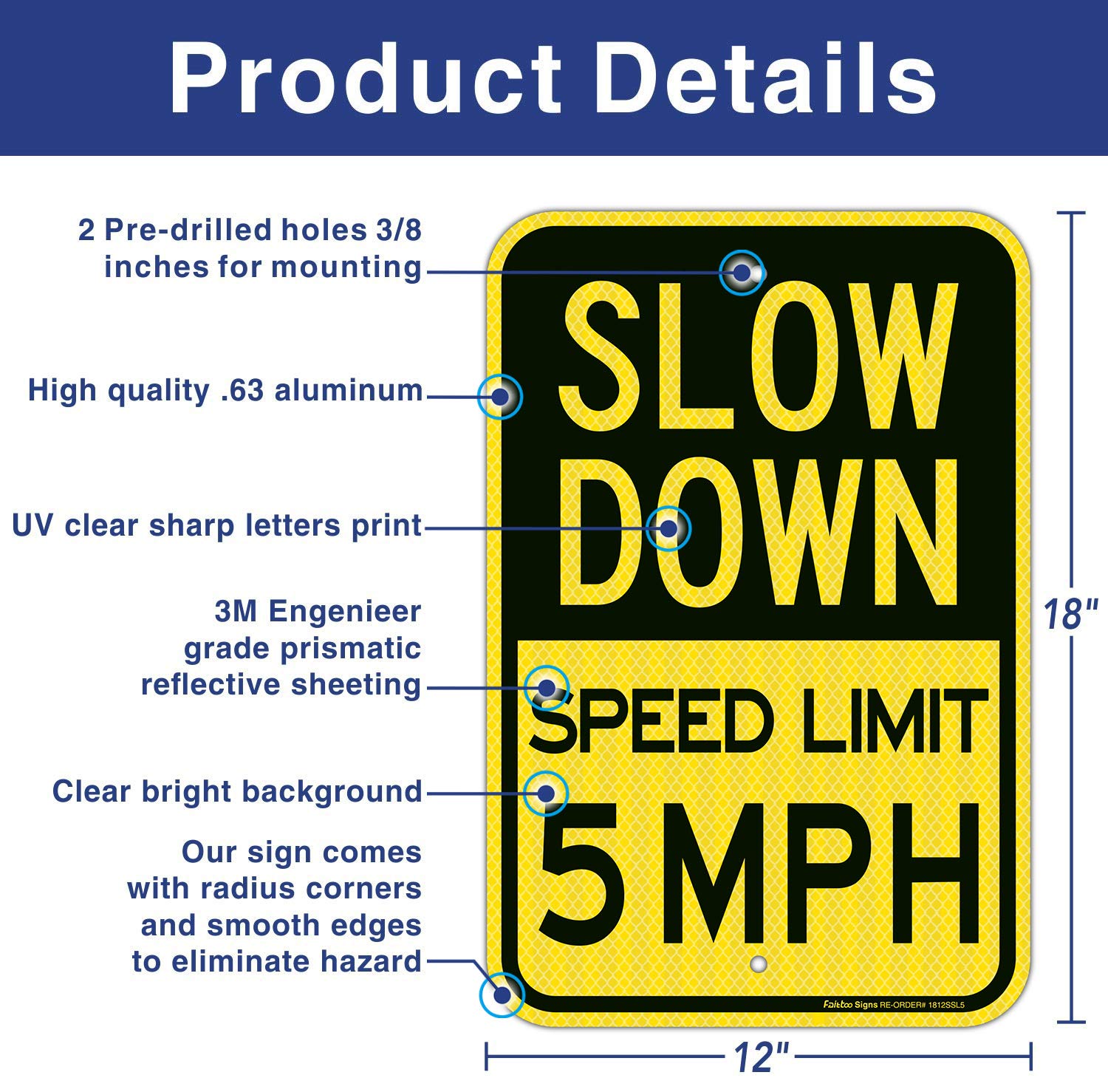 Slow Down Speed Limit 5 MPH Sign, Slow Down Sign, 18 x 12 Inches Engineer Grade Reflective Sheeting, Rust Free Aluminum, Weather Resistant, Waterproof, Durable Ink, Easy to Mount