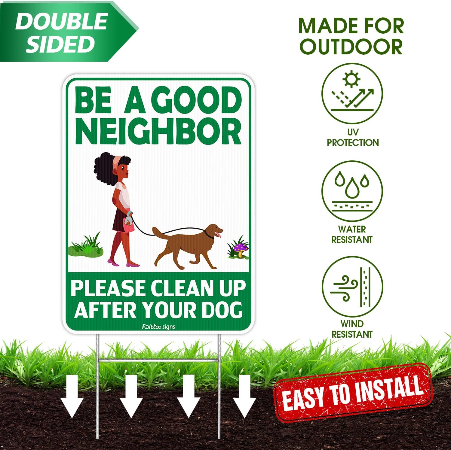 Be a Good Neighbor Clean Up After Your Dog 12 x 9 Inches Yard Sign with Metal Wire H-Stakes, Double Sided, No Pooping Dog Lawn Signs, Waterproof, Weather Resistant, Easy to Mount
