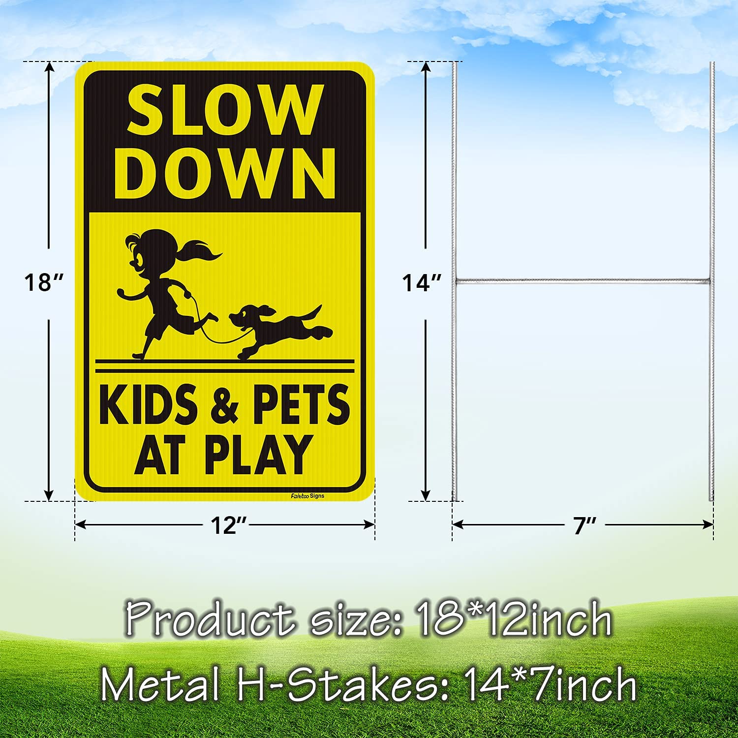 Faittoo Slow Down Signs, Kids and Pets at Play Sign with Stake,18 x 12 Double-Sided Corrugated Plastic Yard Sign, Easy to Assemble, Waterproof, Weather Resistant, Non-Fading,(2 Pack)