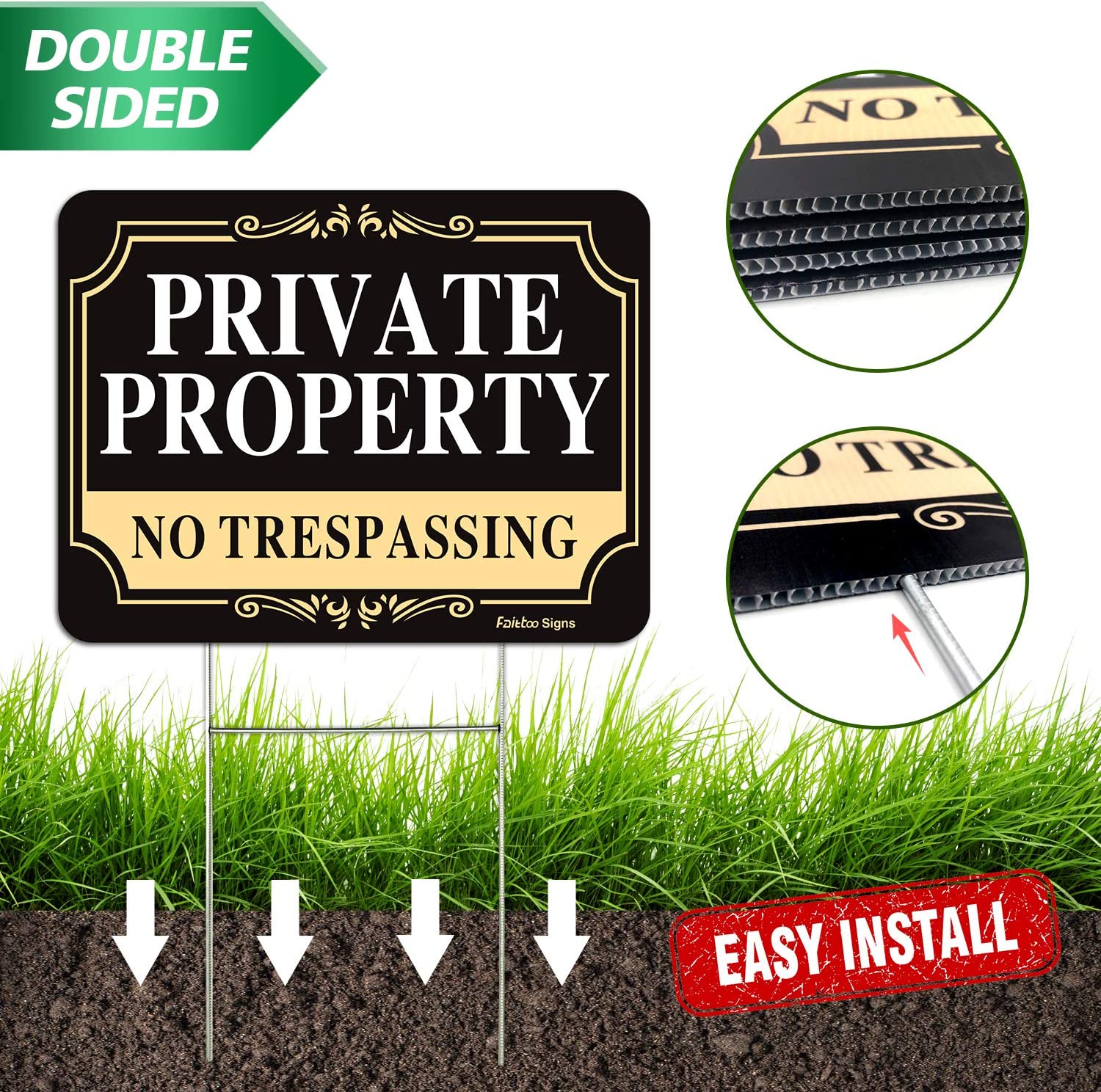 Faittoo No Trespassing Signs Private Property, 12 x 9 Inch,Double Sided with Metal Wire H-Stake Stands Corrugated Plastic,Waterproof, Weather Resistant,Easy to Mount, Non-Fading