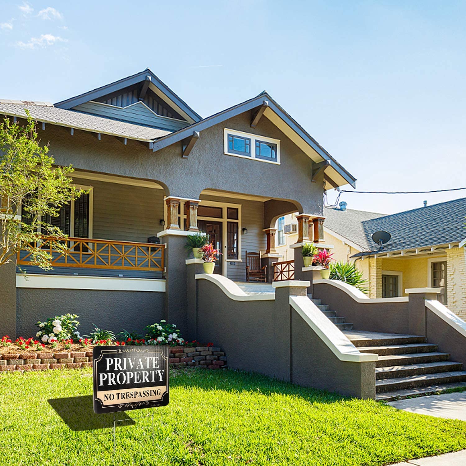 Faittoo No Trespassing Signs Private Property, 12 x 9 Inch,Double Sided with Metal Wire H-Stake Stands Corrugated Plastic,Waterproof, Weather Resistant,Easy to Mount, Non-Fading