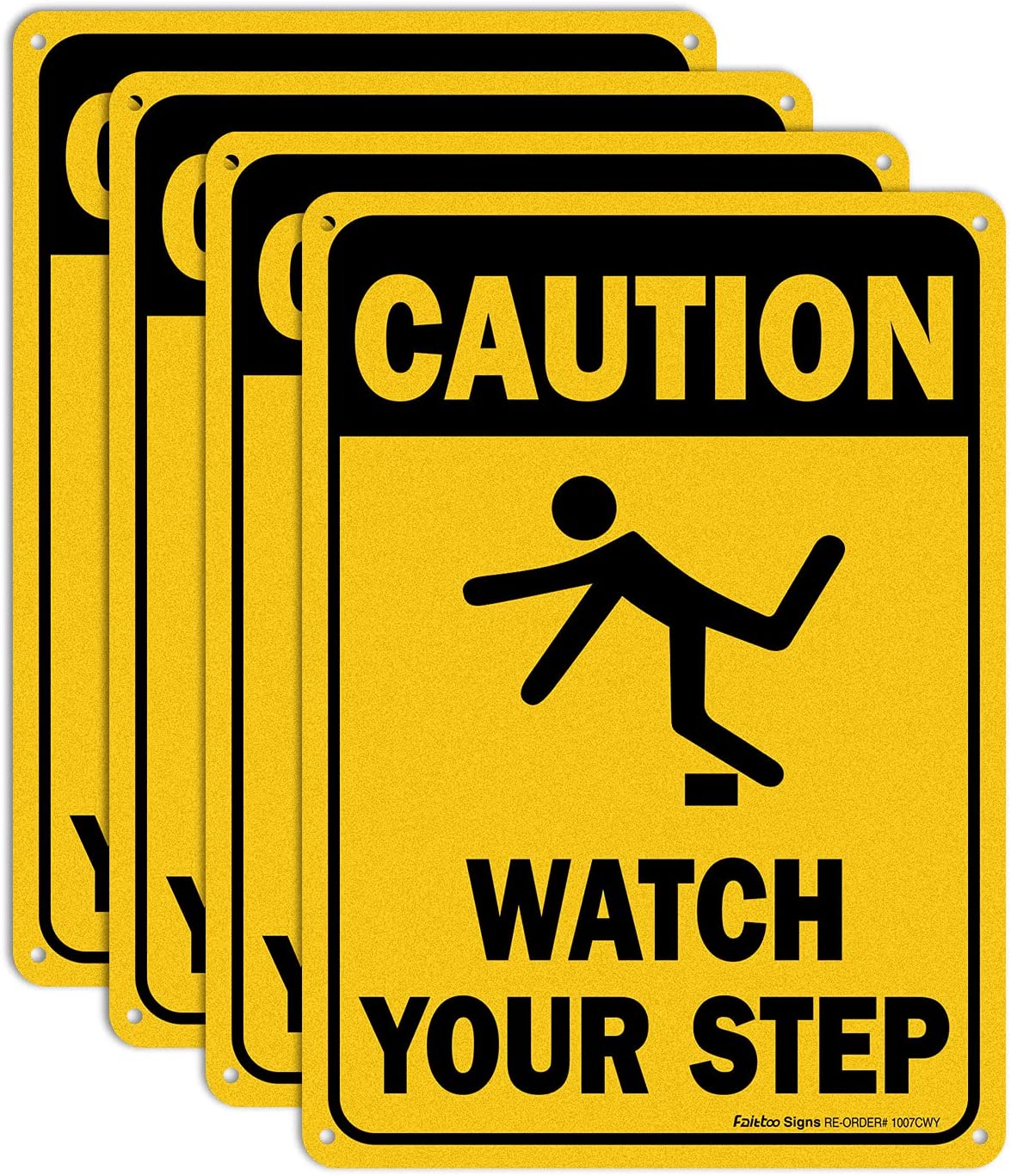 (4 Pack) Caution Watch Your Step Sign Safety Sign, 10 x 7 Inches rectangle, .040 Rust Free Aluminum, UV Protected and Waterproof, Weather Resistant, Durable Ink, Easy to Mount