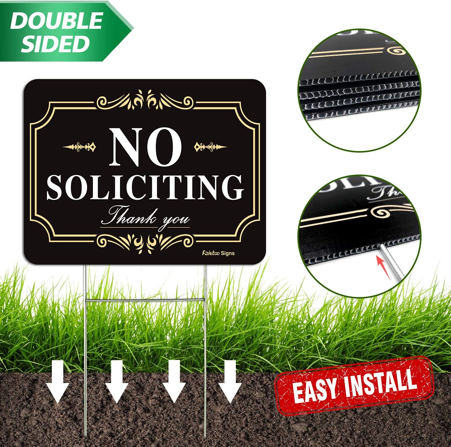 Faittoo No Soliciting Sign for House Yard with Metal Stakes, 12 x 8 Heavy Duty Aluminum, Reflective, Fade Resistant,Weatherproof, UV Protected, Easy to Assemble, Up to 7 Years Outdoor Use