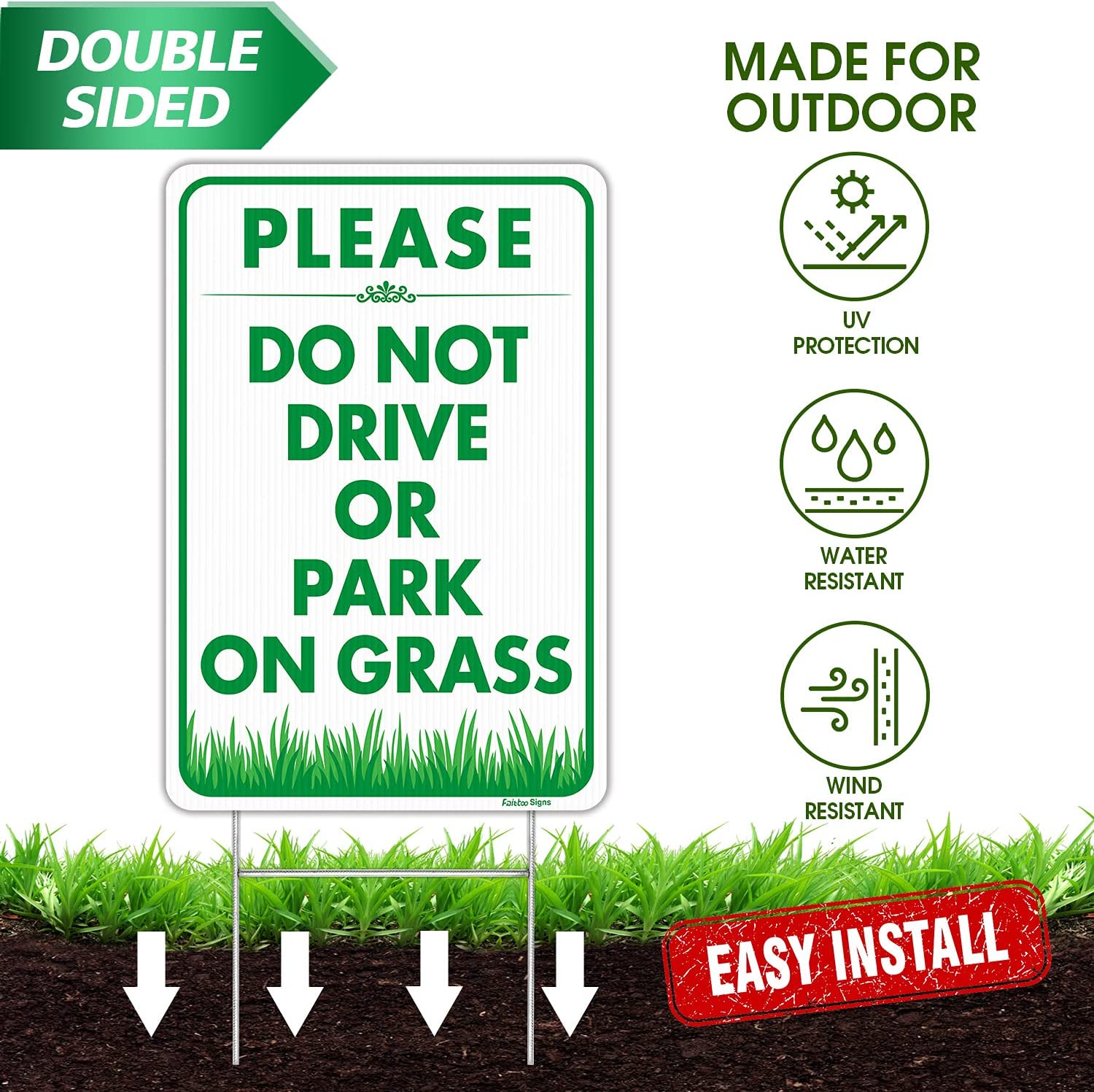 Faittoo "Please Do Not Drive Or Park On Grass" Sign with Stake,18 x 12 Inch Double-Sided Corrugated Plastic Yard Lawn Sign, Easy to Assemble, Waterproof, Weather Resistant, Non-Fading