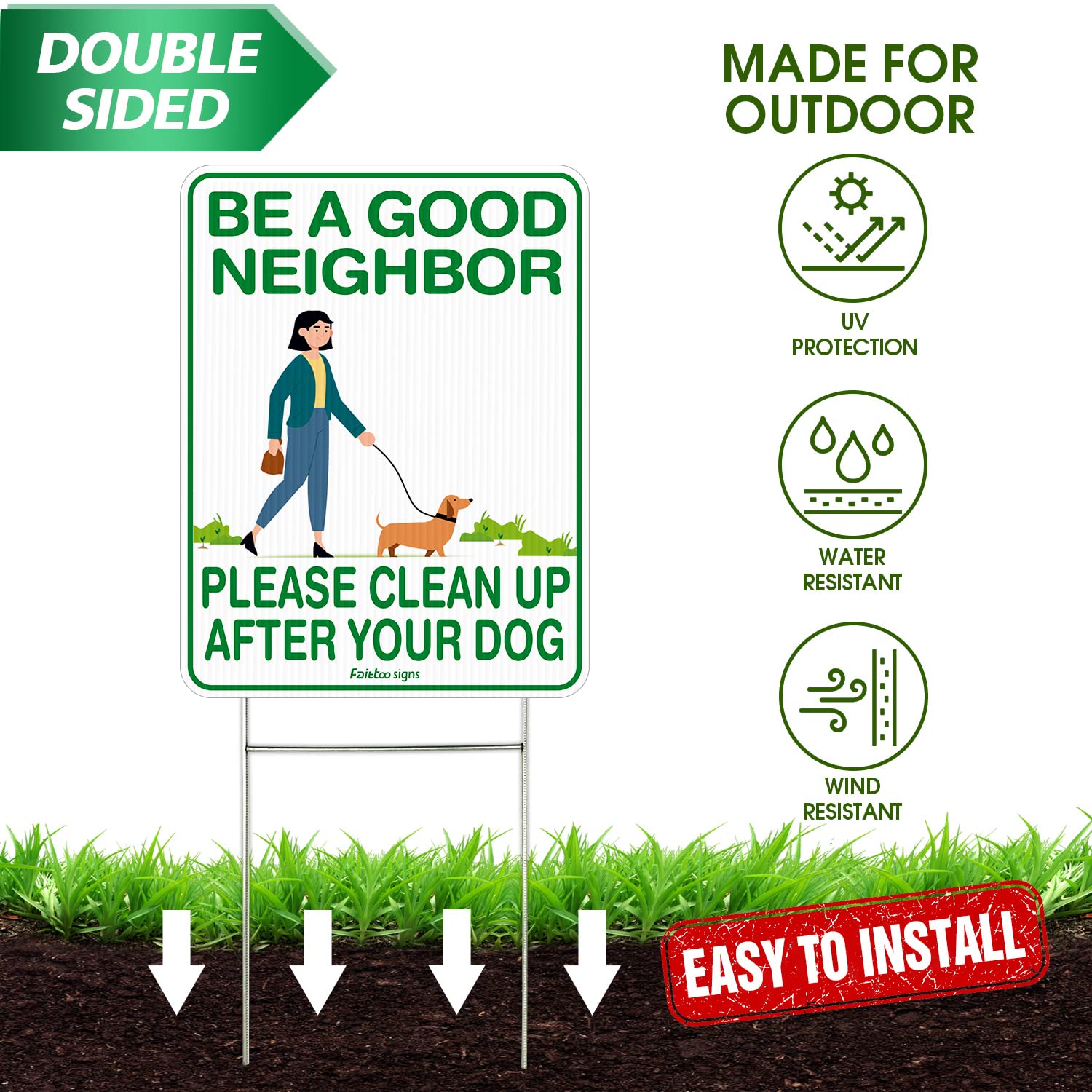 Clean Up After Your Dog Sign, 12 x 9 Clean Up After Your Pets Sign, Double Sided with Metal Wire H-Stakes Stands Corrugated Plastic, Waterproof, Weather Resistant, Easy to Mount, Non-fading