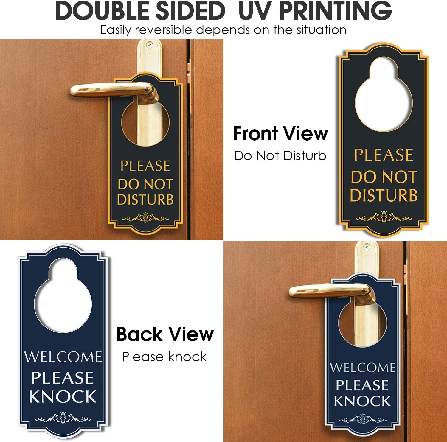 Do Not Disturb Door Hanger - Welcome Please Knock Door Sign, Black/Blue Double Sided, 4 x 9 inches PVC Plastic Perfect for Home, Clinic, Dorm, Hotel, Office, Spa, Law Firm, Massage