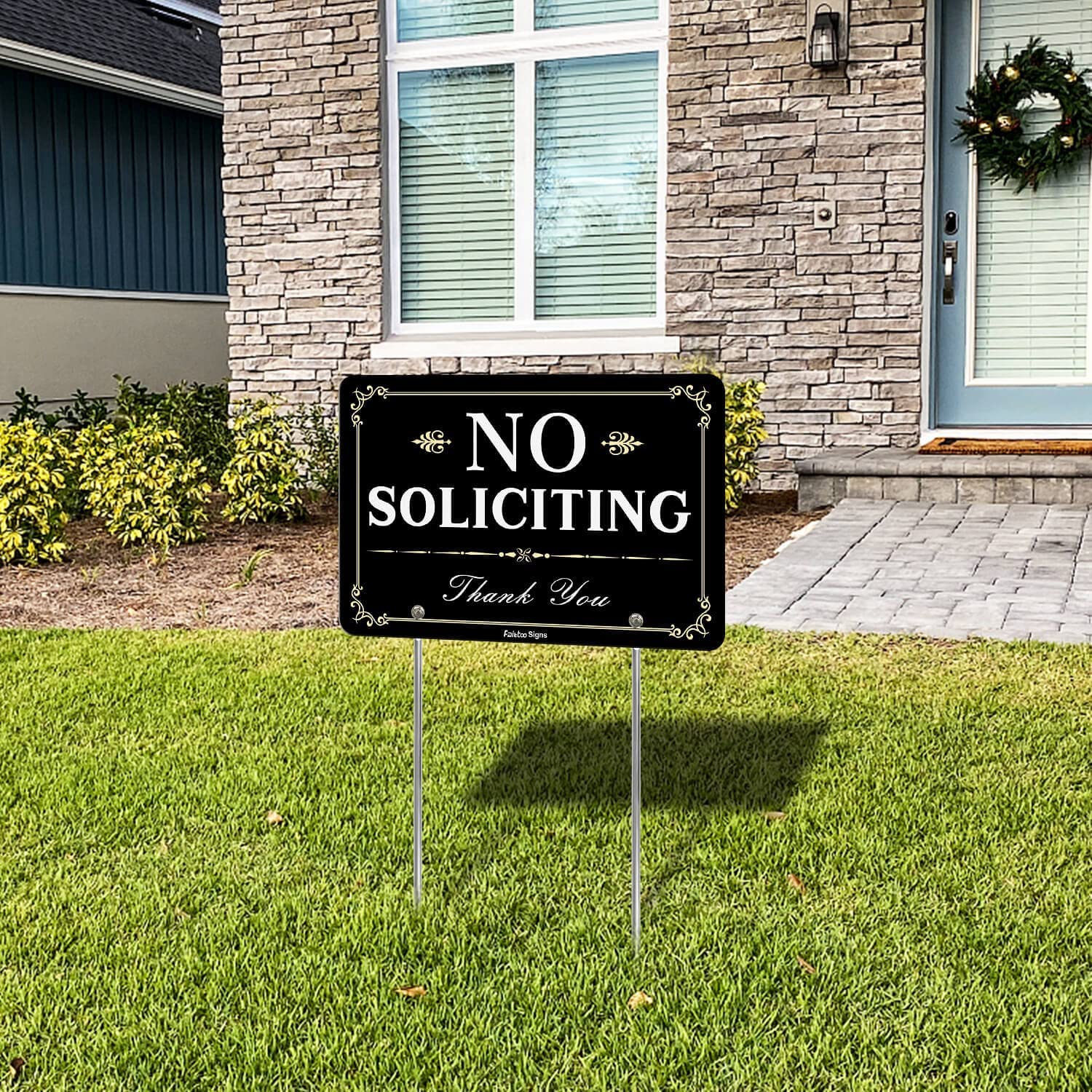 Faittoo No Soliciting Sign for House Yard with Metal Stakes, 12 x 8 Heavy Duty Aluminum, Reflective, Fade Resistant,Weatherproof, UV Protected, Easy to Assemble, Up to 7 Years Outdoor Use
