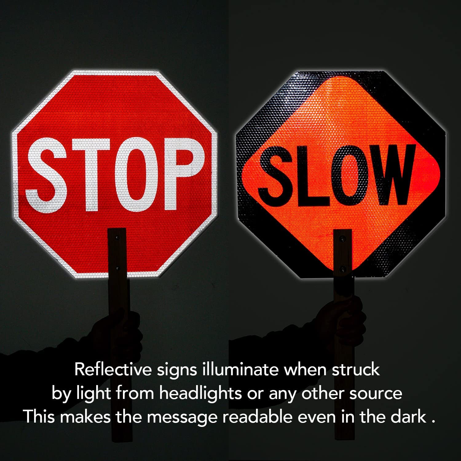 Stop Slow Sign with Bamboo Handle, 13" x 13" Double Sided Engineer Grade Aluminum Sign, Reflective,Sturdy, Easy to Assemble