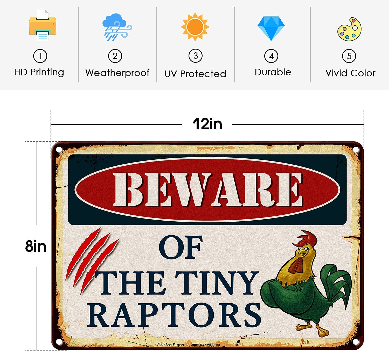 Beware of The Tiny Raptors Sign, Caution Tiny Raptors Sign, Chicken Sign, Chicken Coop Signs, 8 x 12 Inch Rust Free Aluminum Metal Chicken Decor, Reflective,Weather/Fade Resistant, Easy to Mount