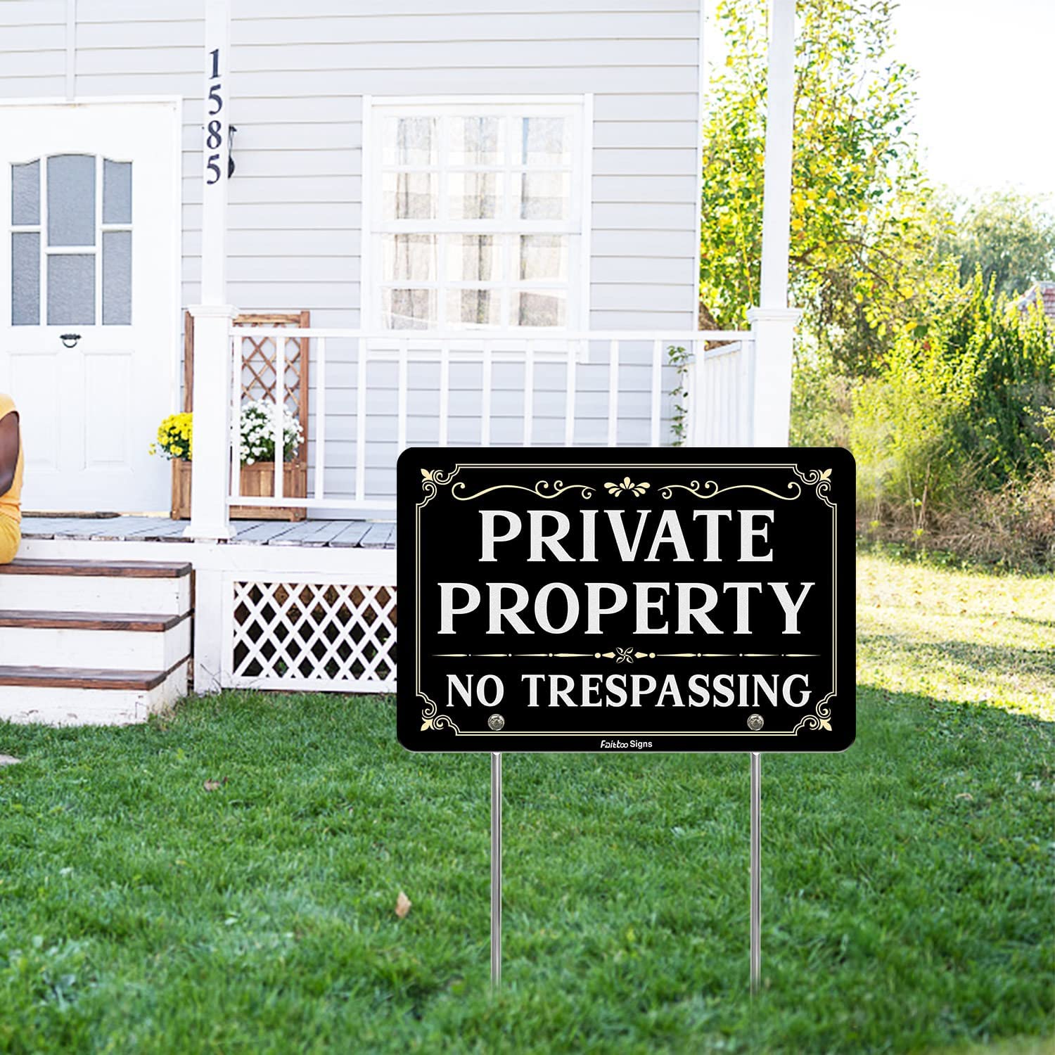 Faittoo Private Property No Trespassing Sign with Metal Stakes, 12 x 8 Heavy Duty Aluminum, Reflective, Fade Resistant,UV Protected,Weatherproof Easy to Assemble, Up to 7 Years Indoor/Outdoor Use