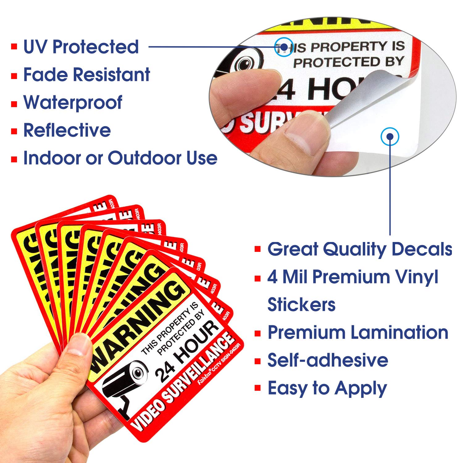 Video Surveillance Sign Reflective Sticker (8 Pack) - Decal Self Adhesive 4 x 3 Inches 4 Mil Vinyl Decal — Indoor &amp; Outdoor Use — UV Protected &amp; Waterproof — Sleek, Rounded Corners