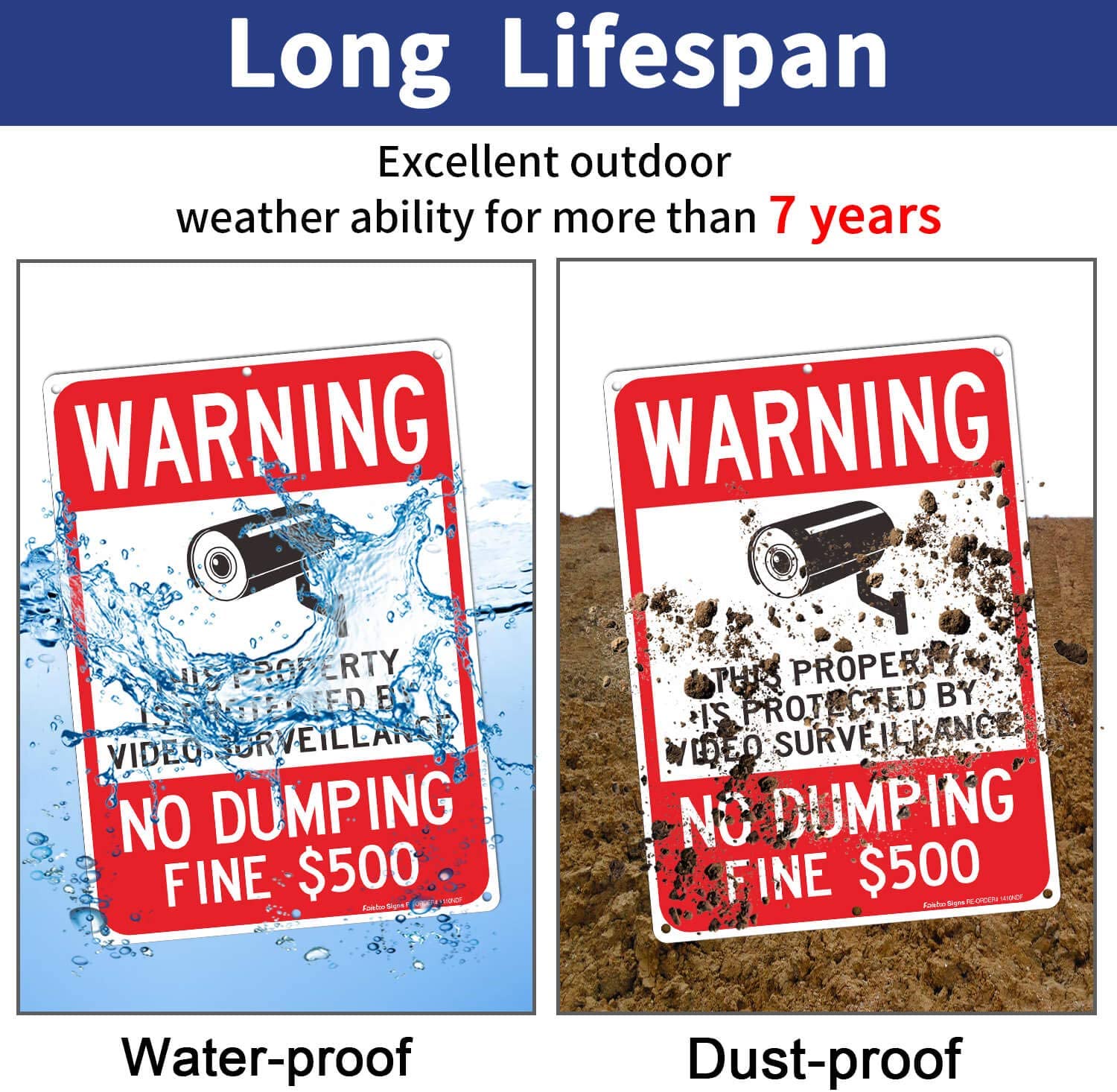Warning No Dumping, Fine $500, Property Protected by Video Surveillance Sign, 14 x 10 Inches .040 Rust-Free Aluminum , UV Protected, Weather Resistant, Waterproof, Durable Ink, Easy to Mount
