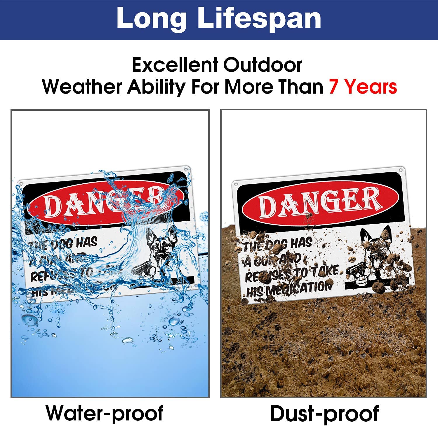 Danger - Dog Has A Gun and Refuses to Take His Medications Sign,Beware of Dog Sign Funny| 14 x 10 In Reflective Aluminum, Weather/Fade Resistant, Easy Mounting, Indoor/Outdoor