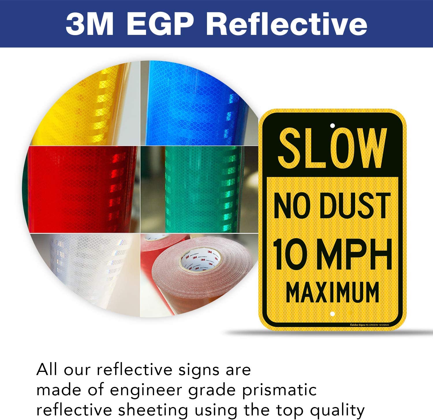 Slow No Dust 10 MPH Maximum Sign, Speed Limit Sign 18 x 12 Inches Engineer Grade Reflective Sheeting Rust Free Aluminum, Weather Resistant, Waterproof, Durable Ink, Easy to Mount