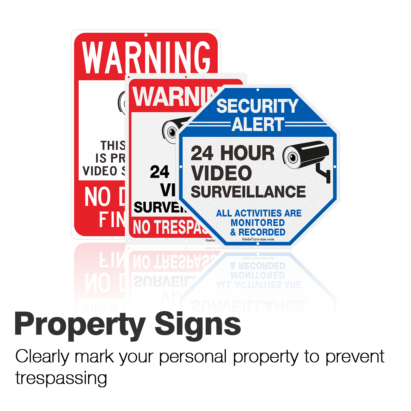 Faittoo 10 inches Video Surveillance Signs with 10 x 7 inches Private Property No Trespassing Signs，0.40 Aluminum Reflective Metal Signs. Indoor or Outdoor Use for Home Business