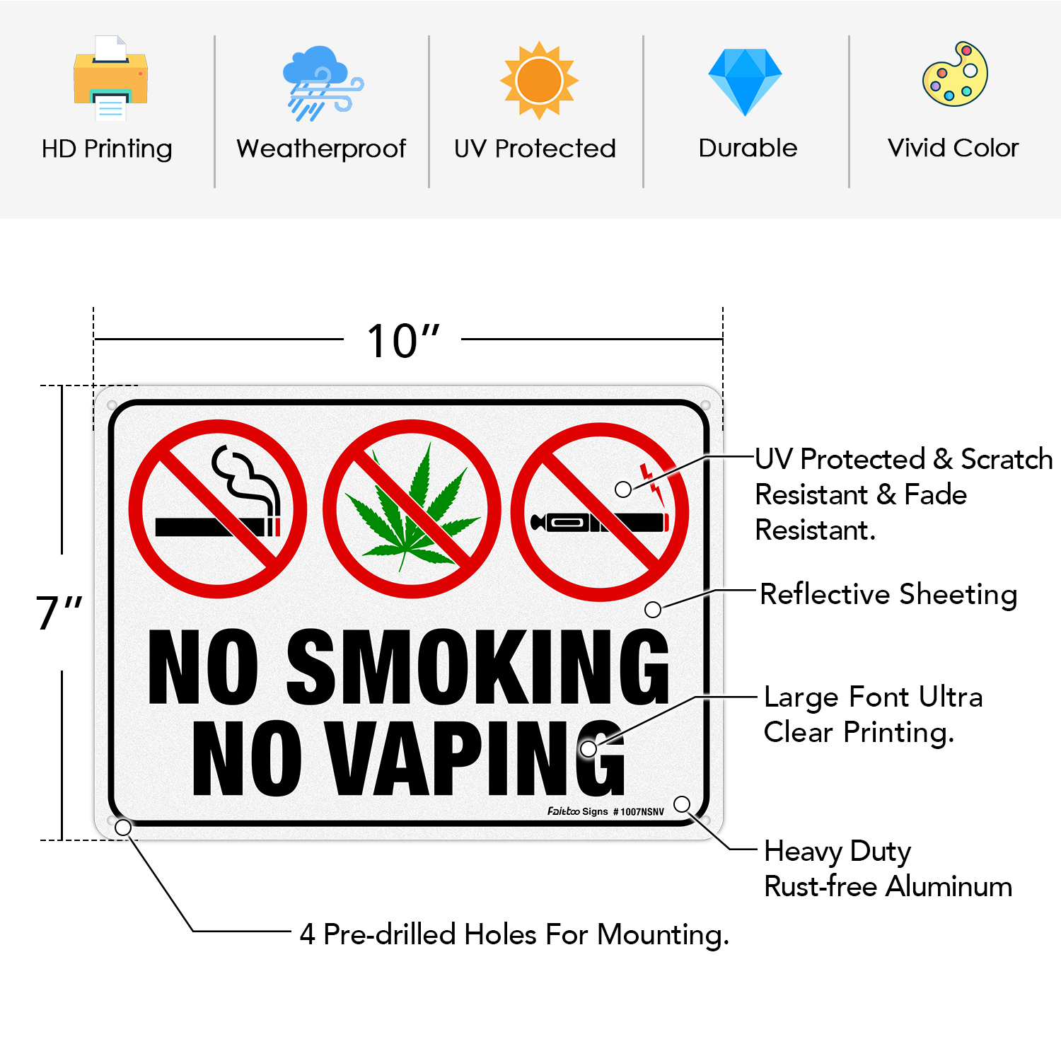 Faittoo No Smoking No Vaping Sign, No Smoking Vaping Symbol Signs, 10 x 7 Inches, Rust Free Aluminum, Reflective, UV Protected, Weather/Fade Resistant, Easy to Install, Indoor/ Outdoors Use