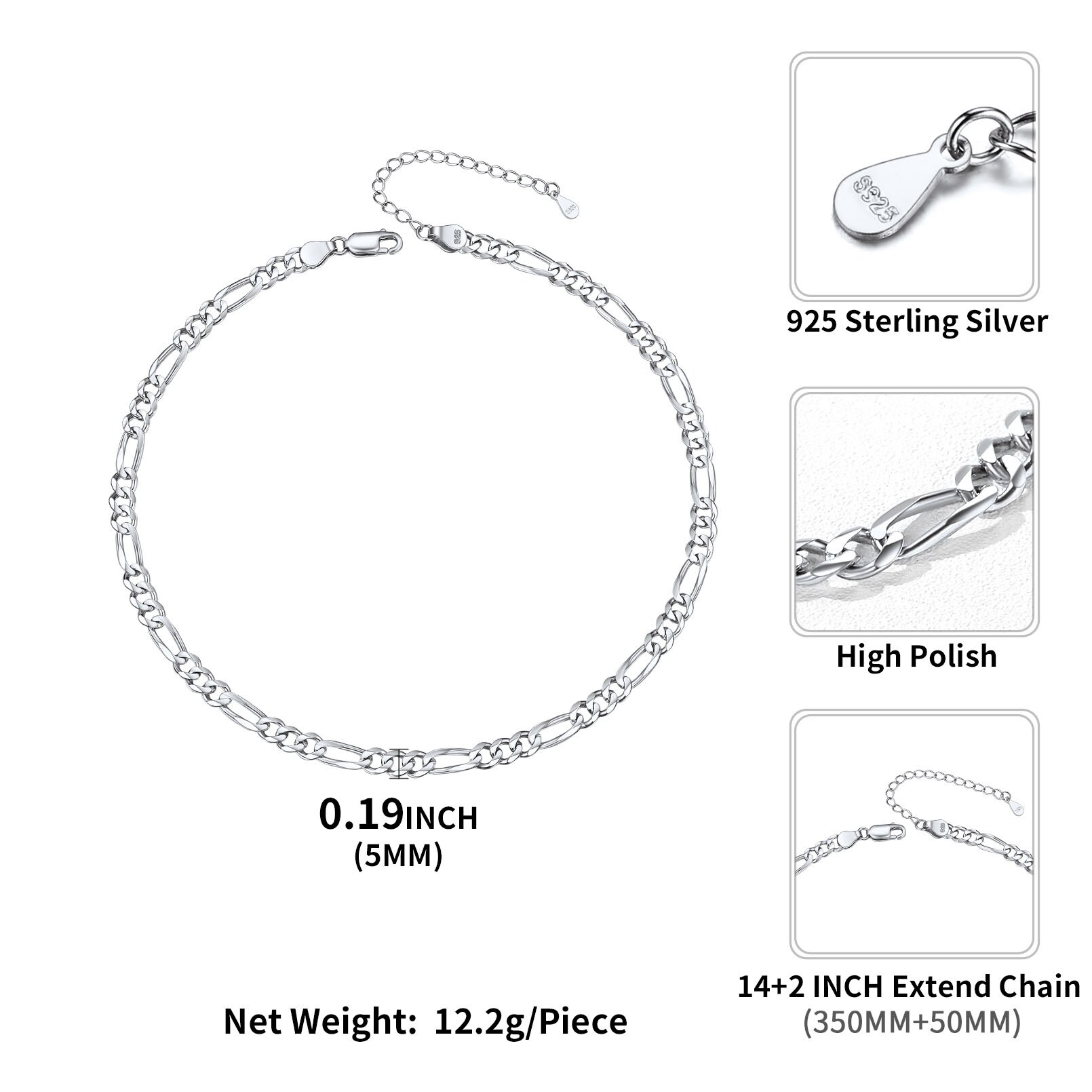 ChicSilver Women Mens Necklace Figaro Chain Necklace 2.8mm, Solid 925 Sterling Silver Figaro Link Chain Boys Jewellery 20 Inches