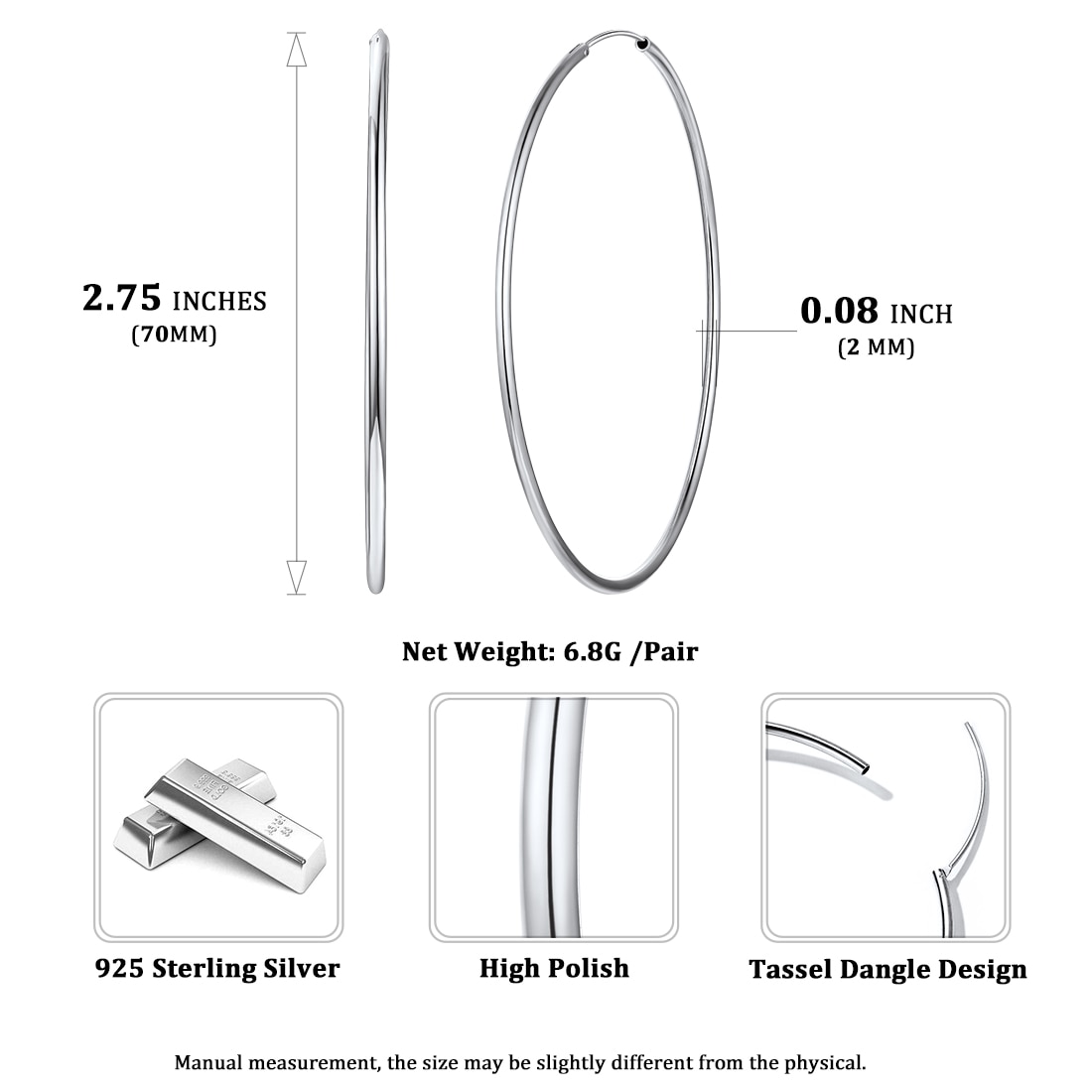 ChicSilver 925 Sterling Silver Small Hoop Earrings Circle Endless Huggie Hoops 15/20/30/50/70mm