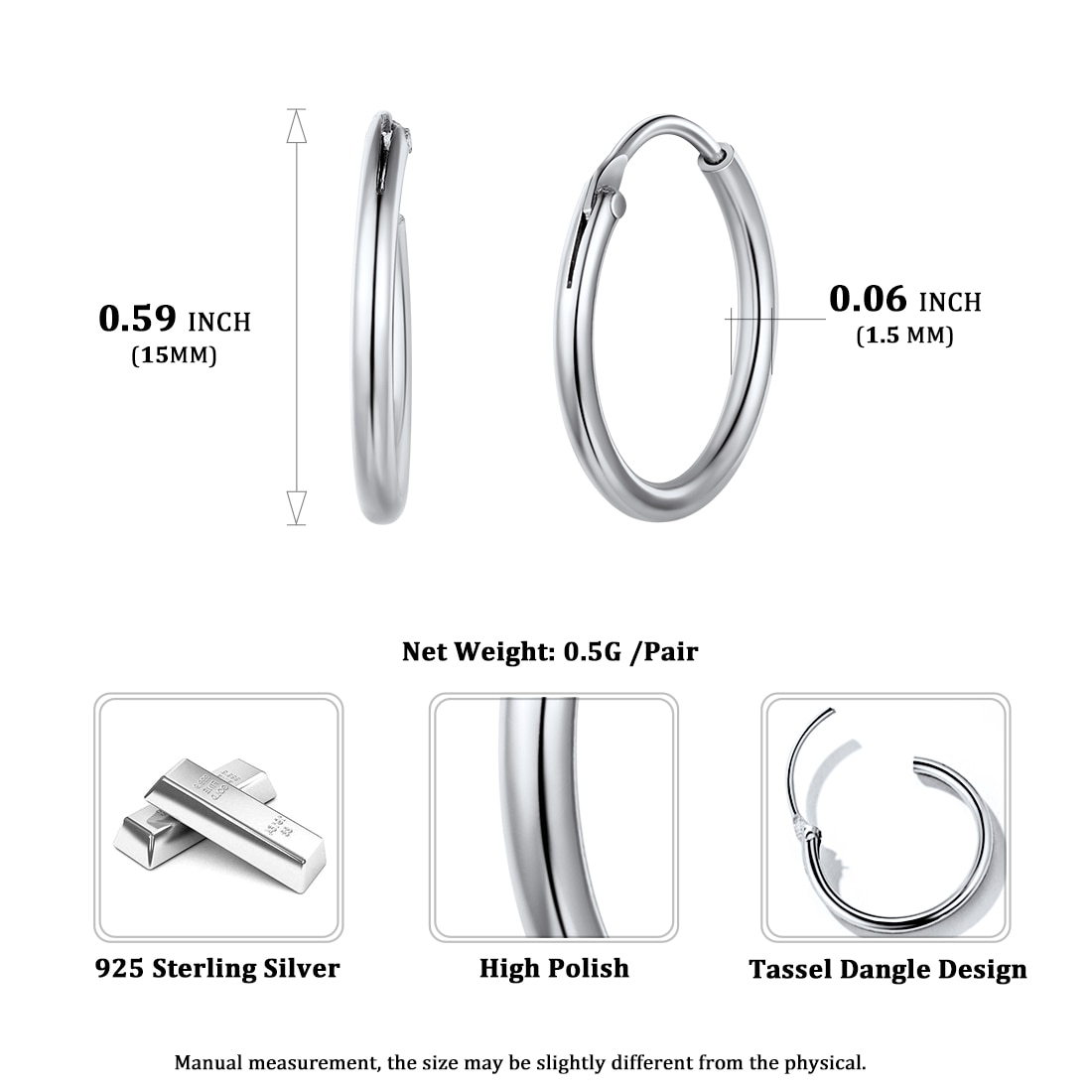 ChicSilver 925 Sterling Silver Small Hoop Earrings Circle Endless Huggie Hoops 15/20/30/50/70mm