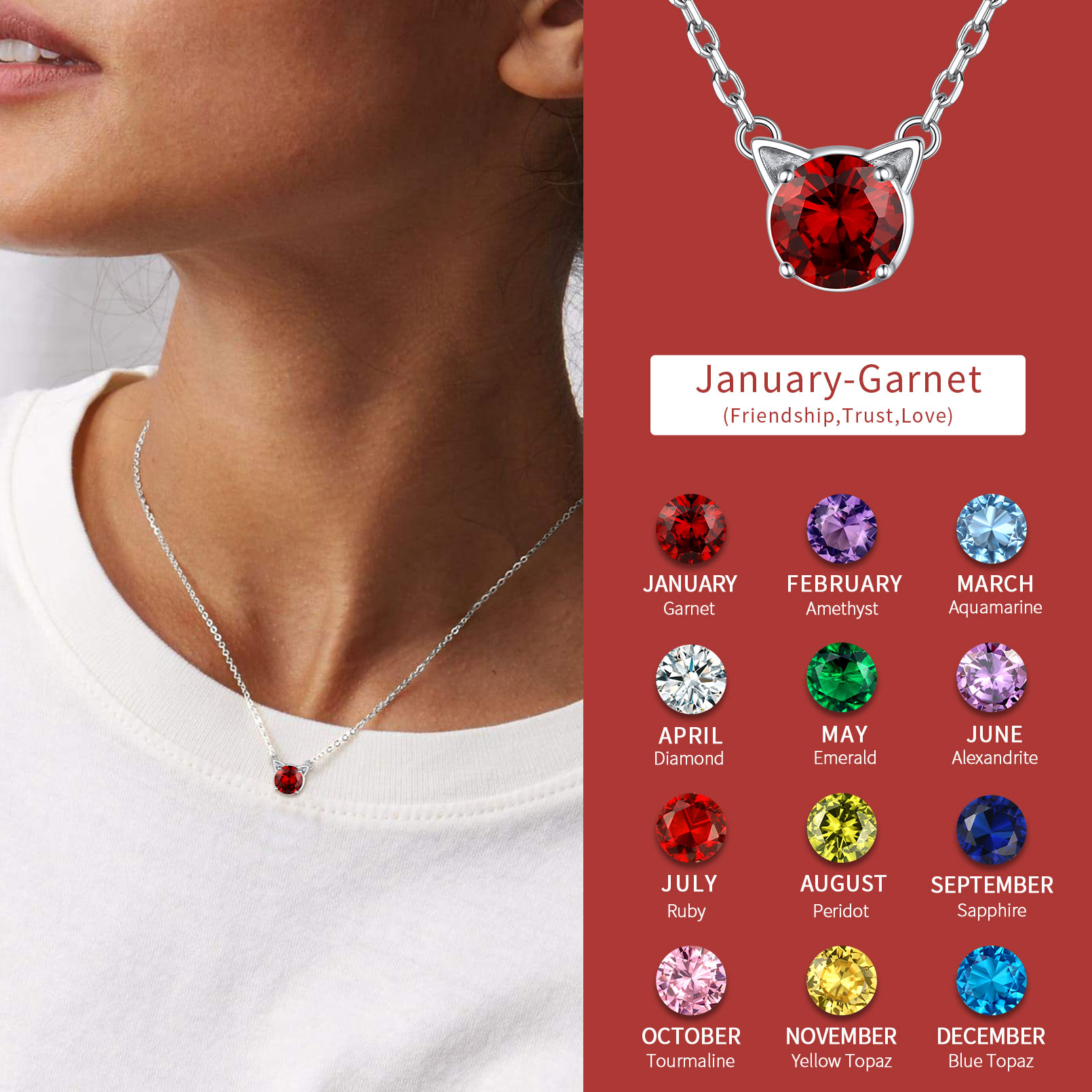 ChicSilver 925 Sterling Silver Cat Necklace Girls Cute Cat Jewelry Round Garnet Pendant Necklace January Birthstone for Cat Lovers