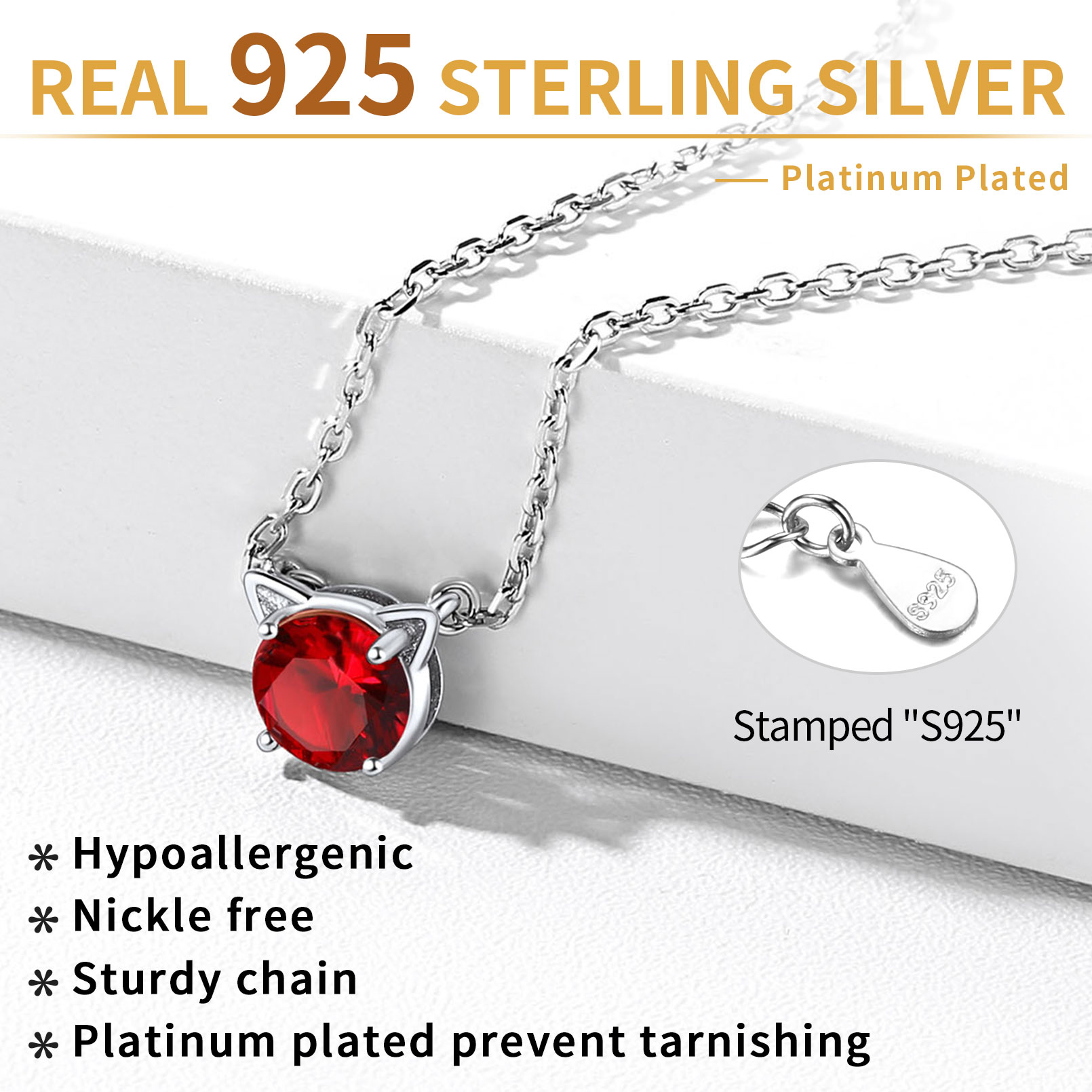 ChicSilver 925 Sterling Silver Cat Necklace Girls Cute Cat Jewelry Round Garnet Pendant Necklace January Birthstone for Cat Lovers