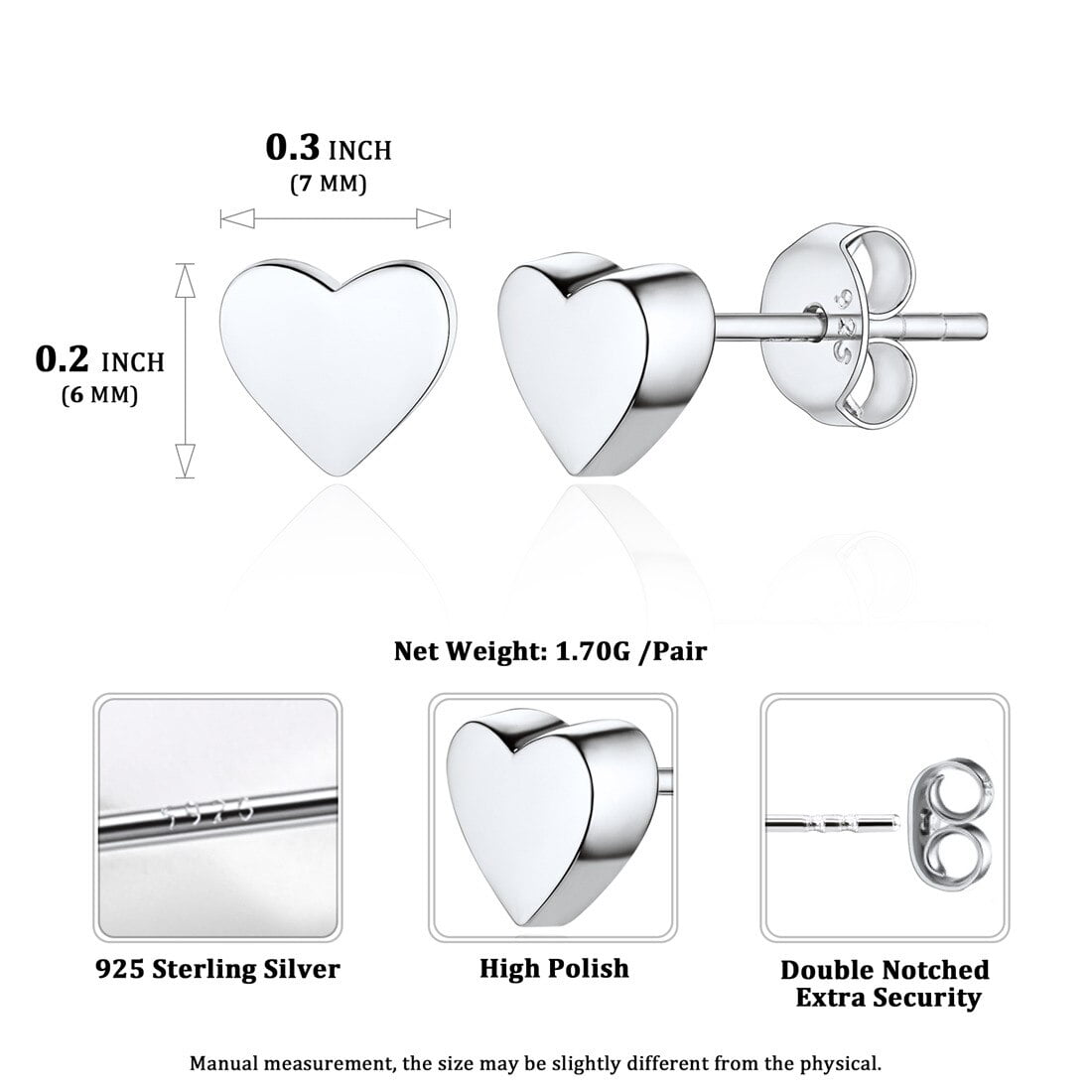 ChicSilver Heart Stud Earrings for Little Girls Hypoallergenic 925 Sterling Silver Women Jewelry Gift