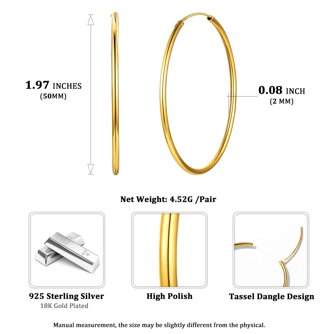 ChicSilver 925 Sterling Silver Small Hoop Earrings Circle Endless Huggie Hoops 15/20/30/50/70mm